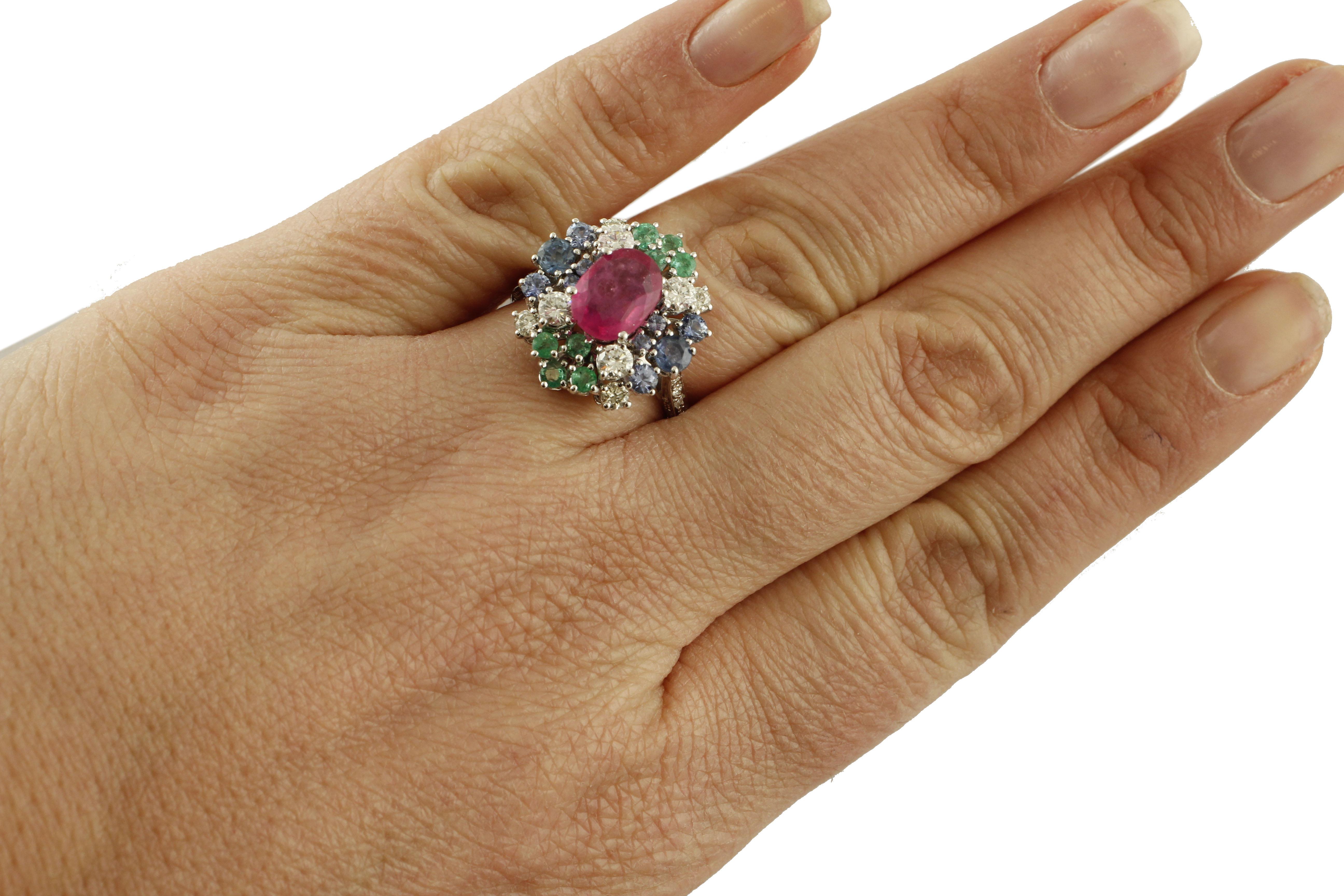 Mixed Cut Intense Central Ruby, Diamonds, Emeralds, Blue Sapphires White Gold Cluster Ring