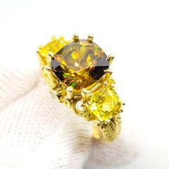 Intense Color Play 3.42 Carat Demantoid Garnet Canary Sapphire Diamond Ring 18K