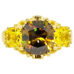 Intense Color Play 3.42 Carat Demantoid Garnet Canary Sapphire Diamond Ring 18K