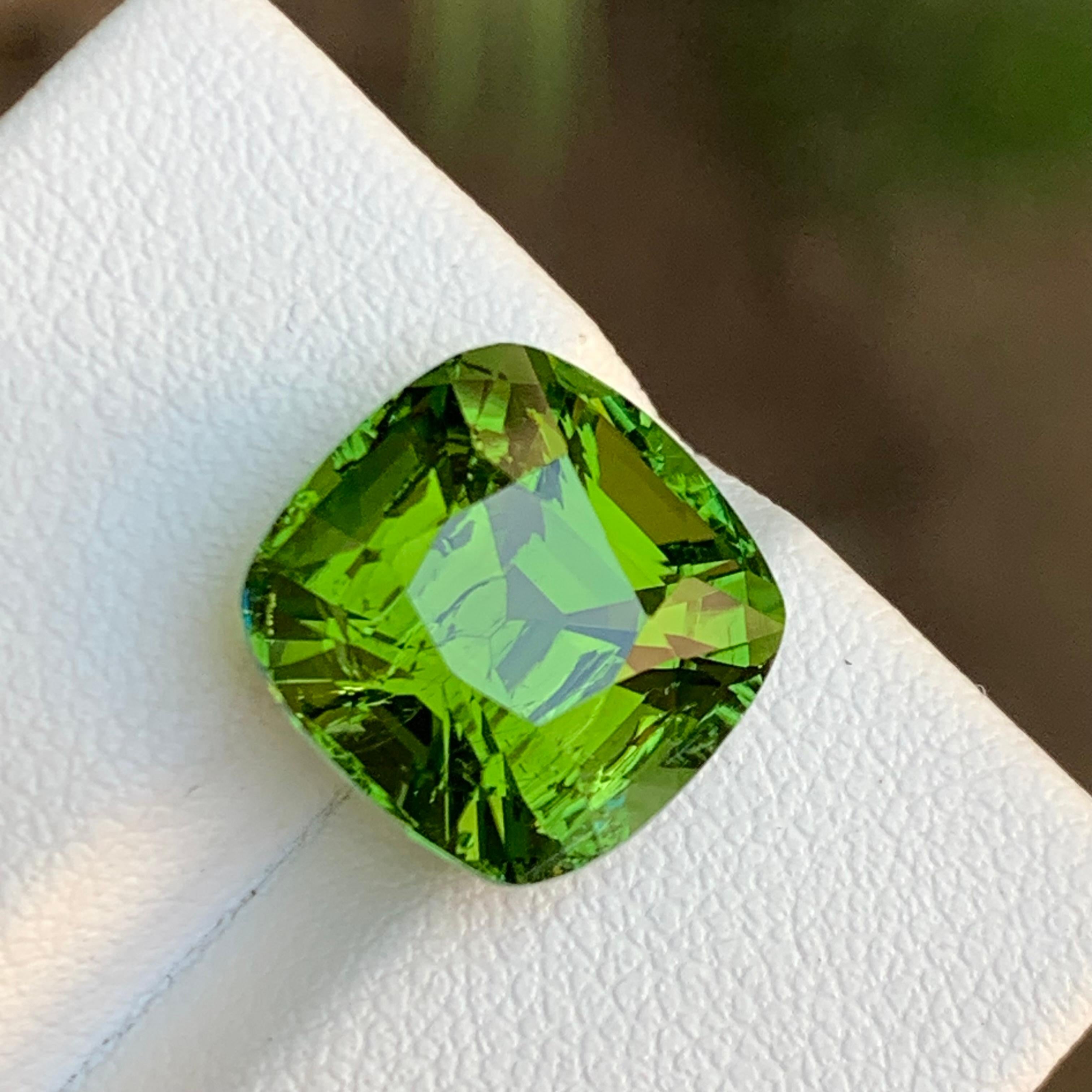 TYPE DE PIERRE GEMME : Tourmaline Naturelle 
PIÈCE(S) : 1
Poids : 8,80 carats
Forme et coupe : Coupe coussin carrée
TAILLE (MM) :  11.56 x 11.84 x 9.18
COULEUR : Vert intense
CLARTÉ : Environ 97 % de clarté pour les yeux avec effet arc-en-ciel ou