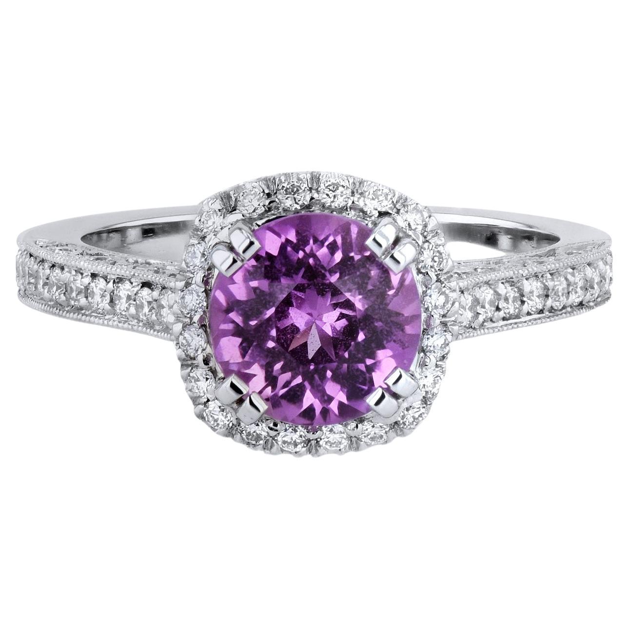 Intense Pink Sapphire Pave Diamond Halo Platinum Engagement Ring 