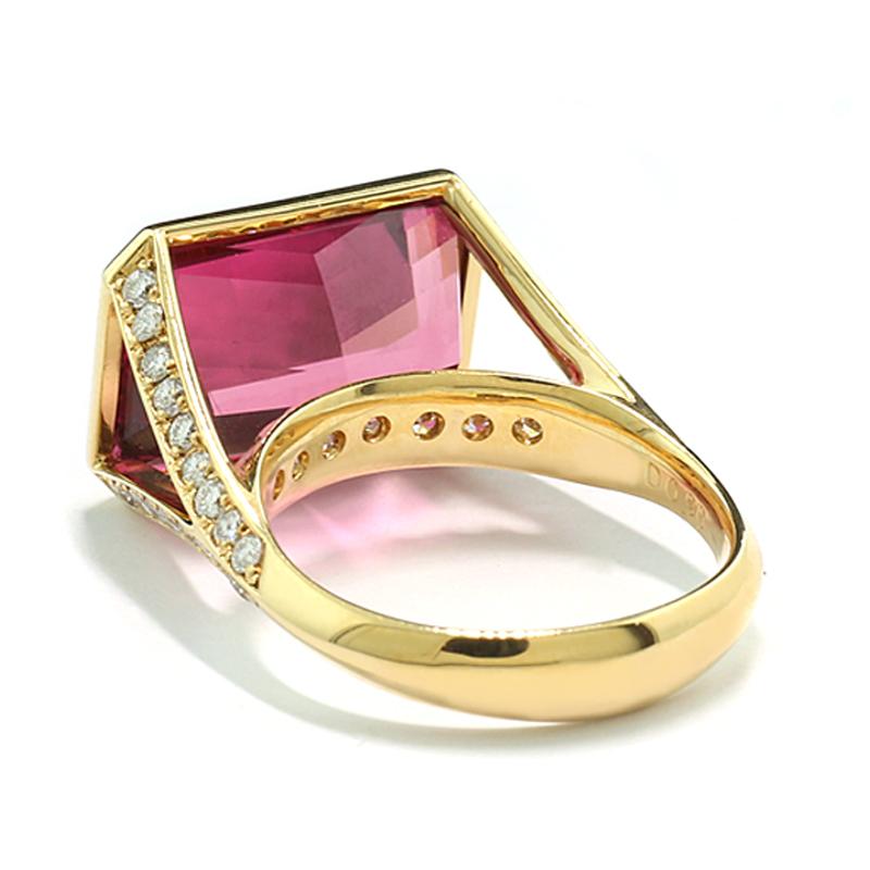 Octagon Cut Intense Pink Tourmaline and Diamonds Ring 18 Karat Yellow Gold ALGT Certified For Sale