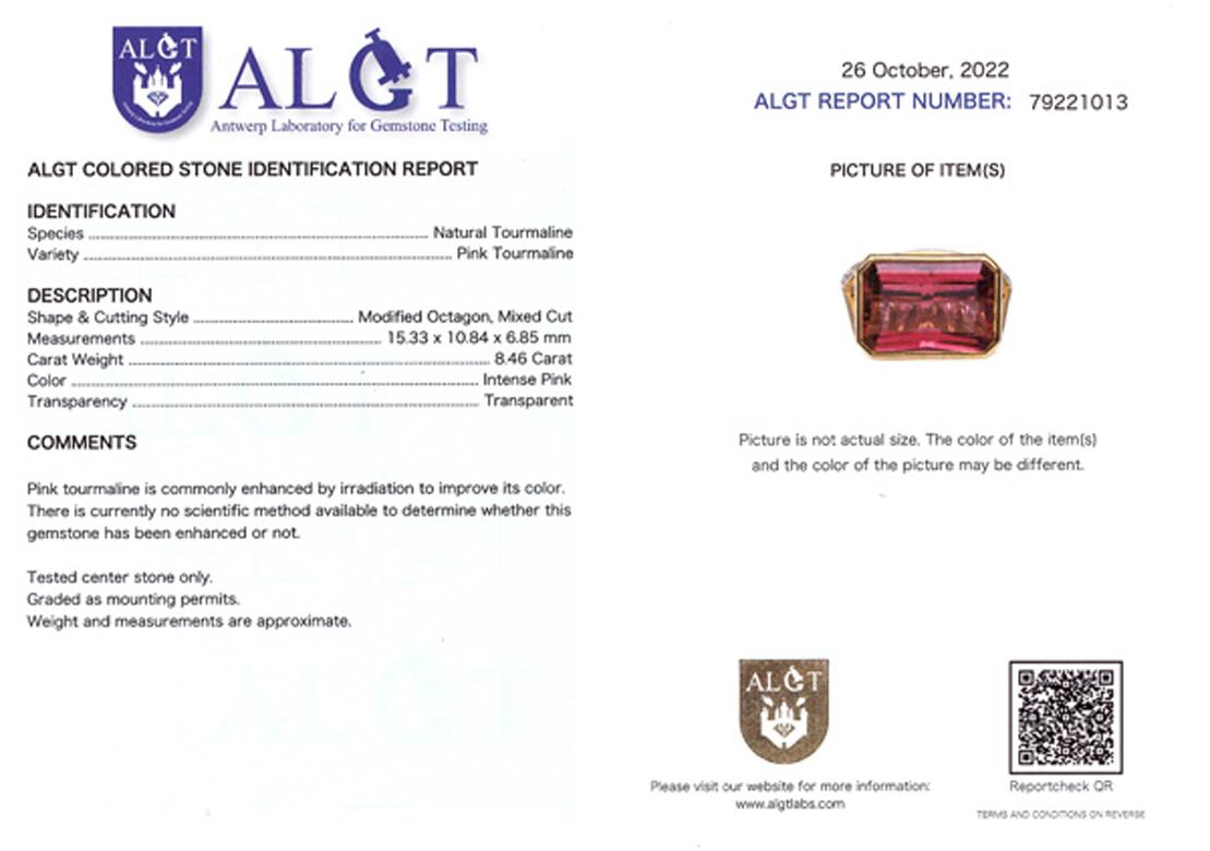 Women's Intense Pink Tourmaline and Diamonds Ring 18 Karat Yellow Gold ALGT Certified For Sale