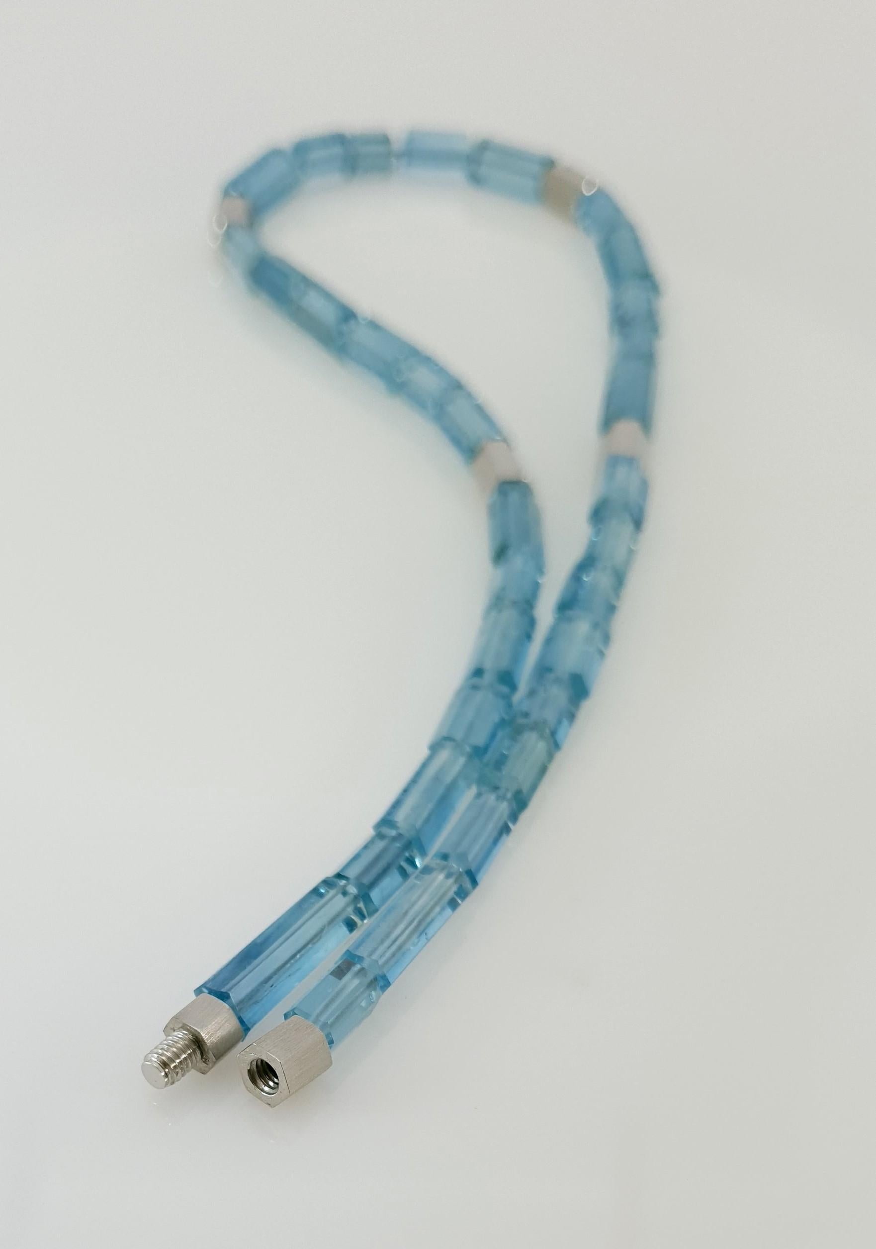 Intense Sky Blue Aquamarine Crystal Beaded Necklace with 18 Carat Mat White Gold 5