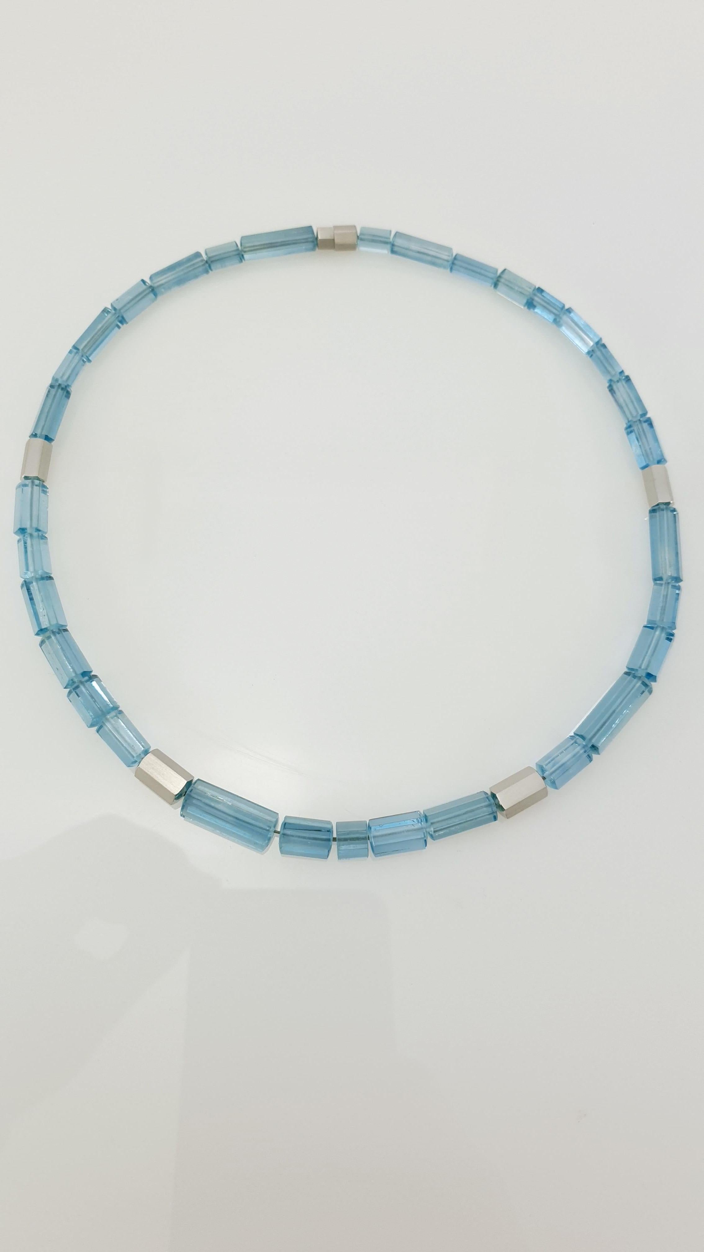 Intense Sky Blue Aquamarine Crystal Beaded Necklace with 18 Carat Mat White Gold 6