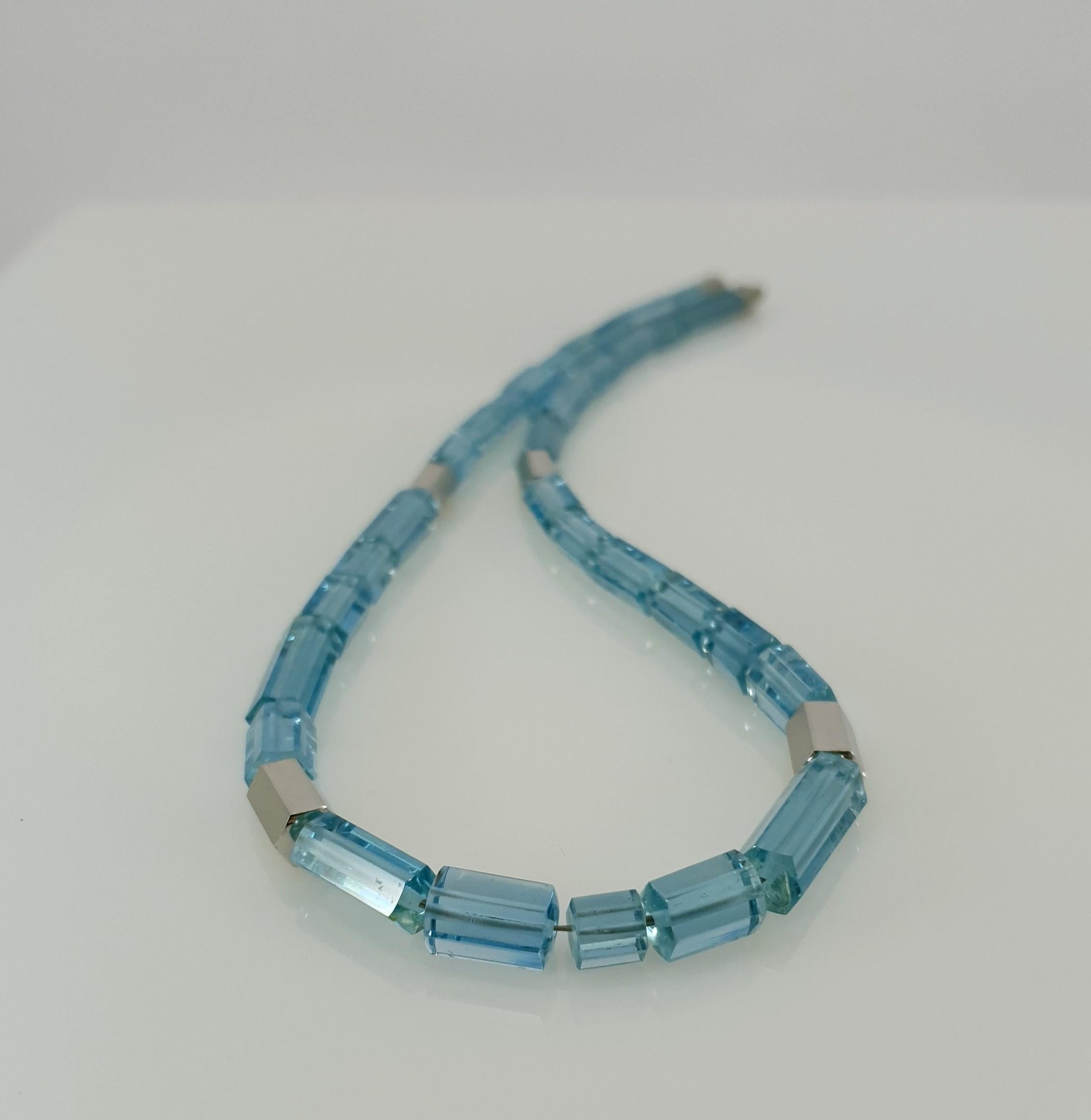 Intense Sky Blue Aquamarine Crystal Beaded Necklace with 18 Carat Mat White Gold 1