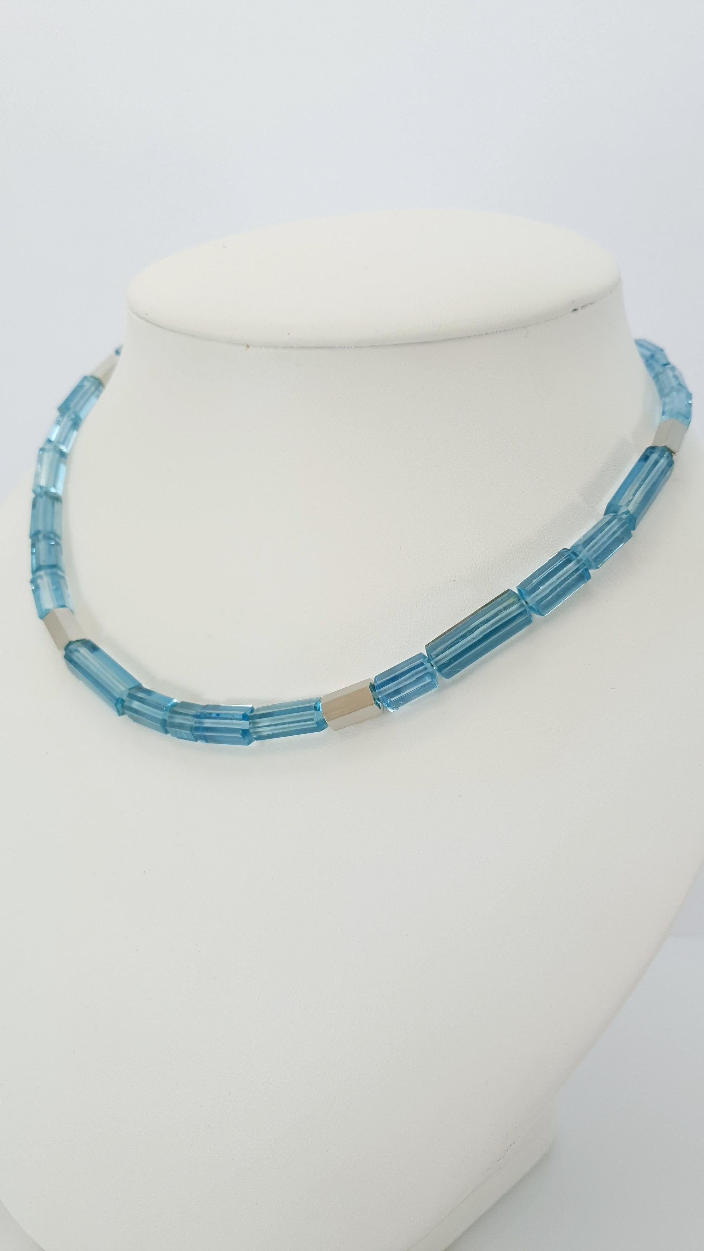 Intense Sky Blue Aquamarine Crystal Beaded Necklace with 18 Carat Mat White Gold 2
