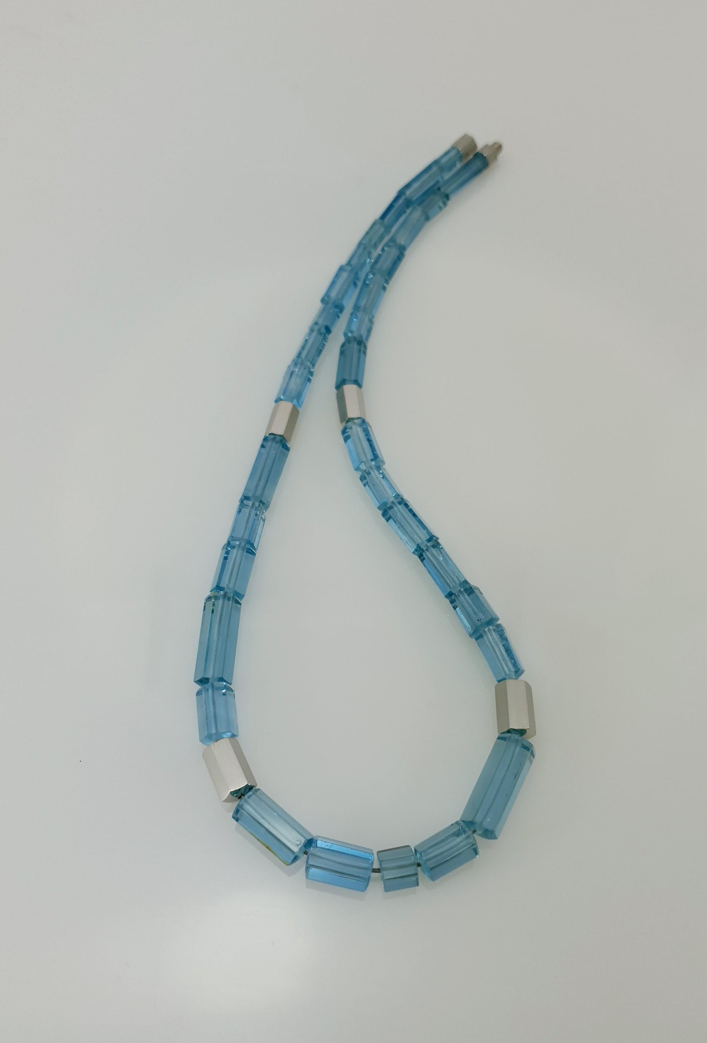 Intense Sky Blue Aquamarine Crystal Beaded Necklace with 18 Carat Mat White Gold 3
