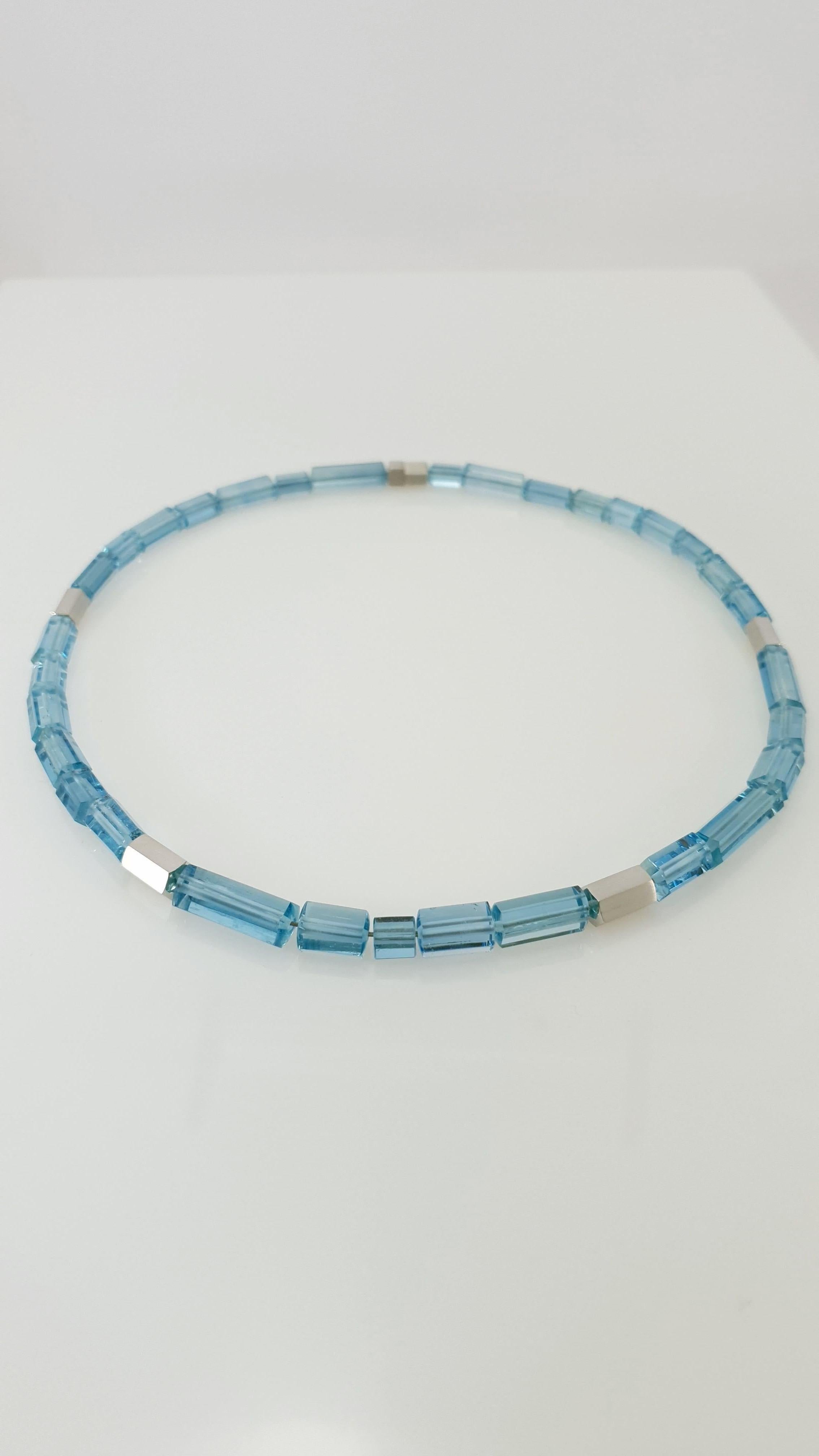 Intense Sky Blue Aquamarine Crystal Beaded Necklace with 18 Carat Mat White Gold 4