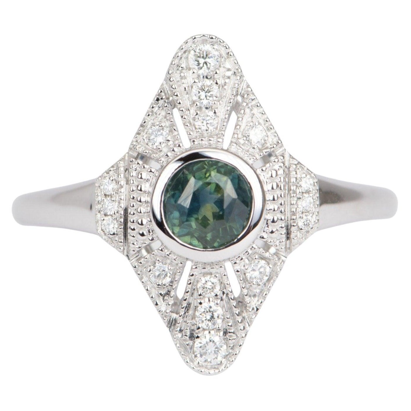 Bague de fiançailles en or blanc 14 carats avec saphir du Montana vert sarcelle intense et halo de diamants