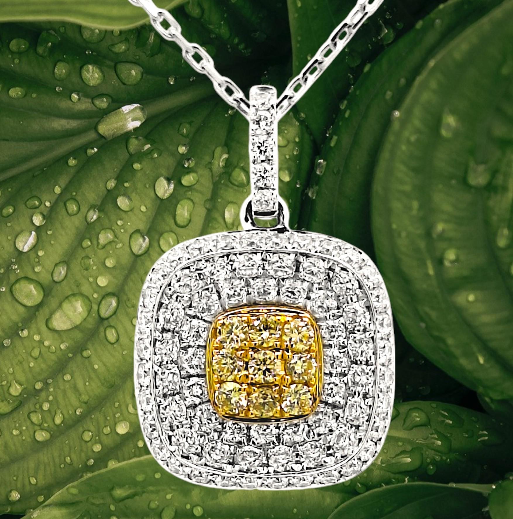 Beautiful pendant necklace with Natural fancy yellow diamonds and white diamonds, with chain made in Platinum. Perfect for adding a touch of sparkle to your everyday look or making a statement on special occasions. 

Fancy Intense Yellow diamonds -