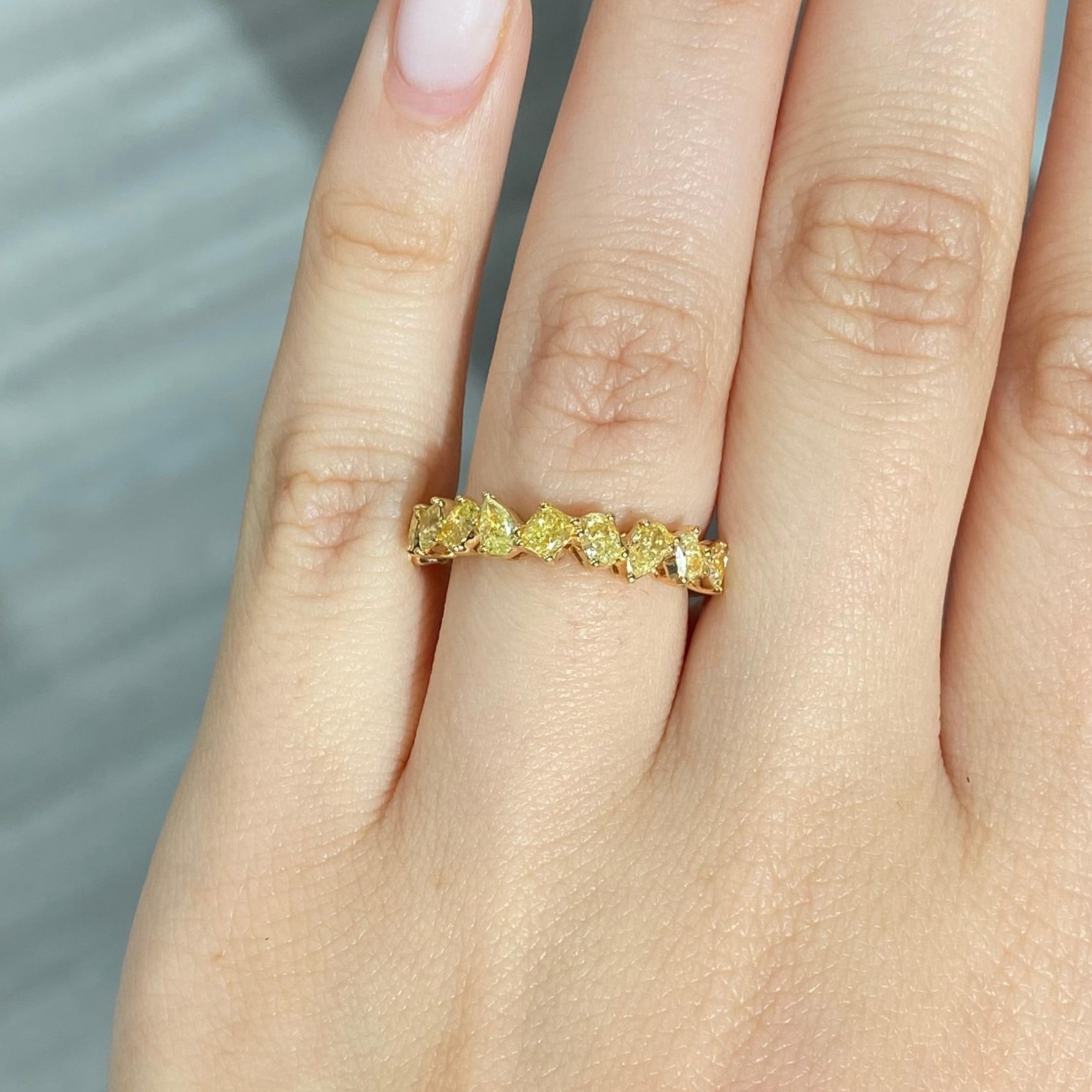 1.51 Carats Total
Half Eternity Band with diamonds reaching halfway around the band
Mixed Shapes: Heart, Pear, Oval, Cushion, Radiant Diamonds
Crafted in 18k Yellow Gold
Handmade in NYC
At Rare Colors, you can experience the elegance of our