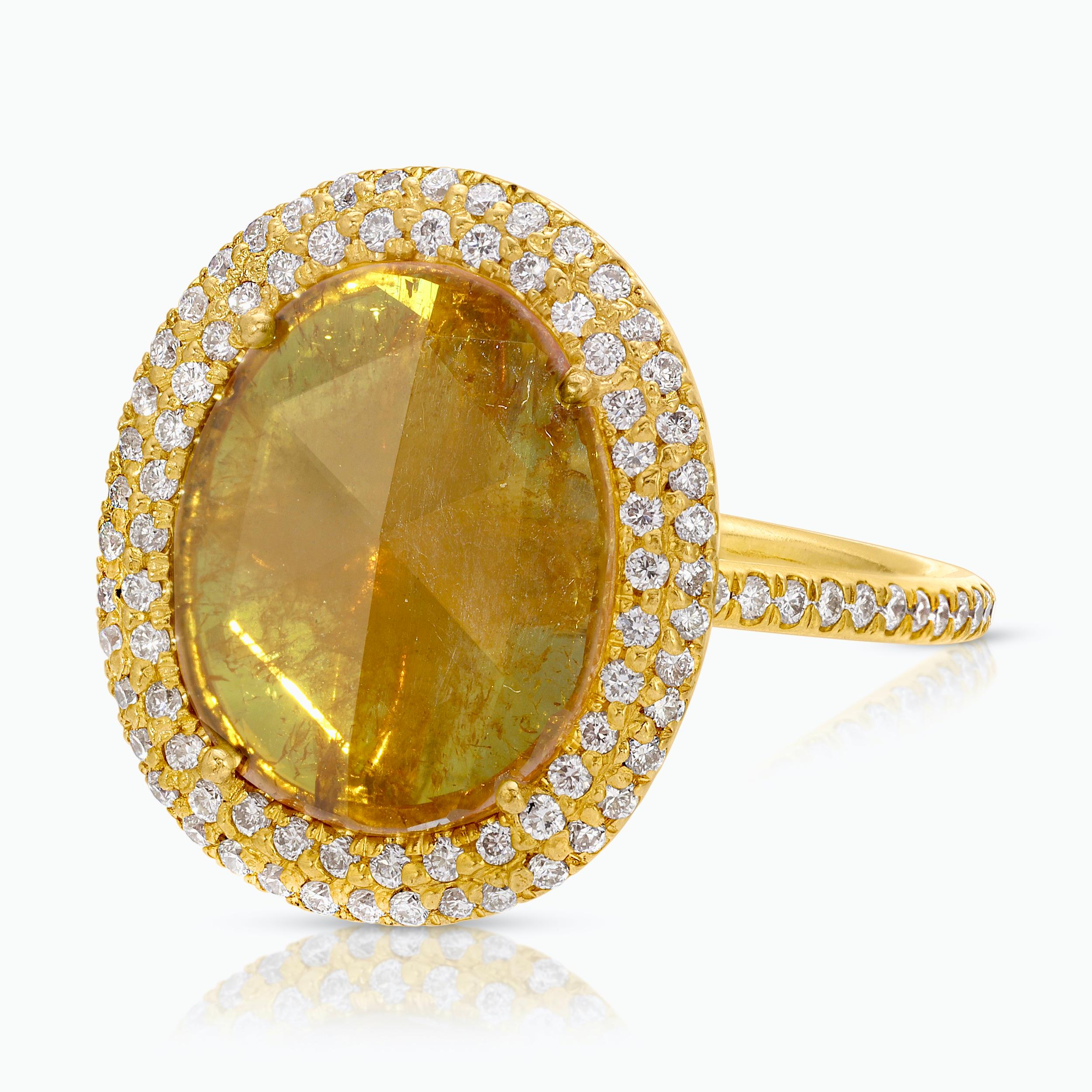 Intense Yellow Diamond Slice Ring with Diamond Pave Halo in 18k Yellow Gold In New Condition For Sale In Santa Monica, CA