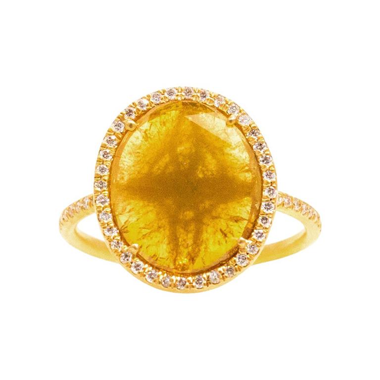 Intense Yellow Diamond Slice Ring with Diamond Pave Halo in 18k Yellow Gold For Sale