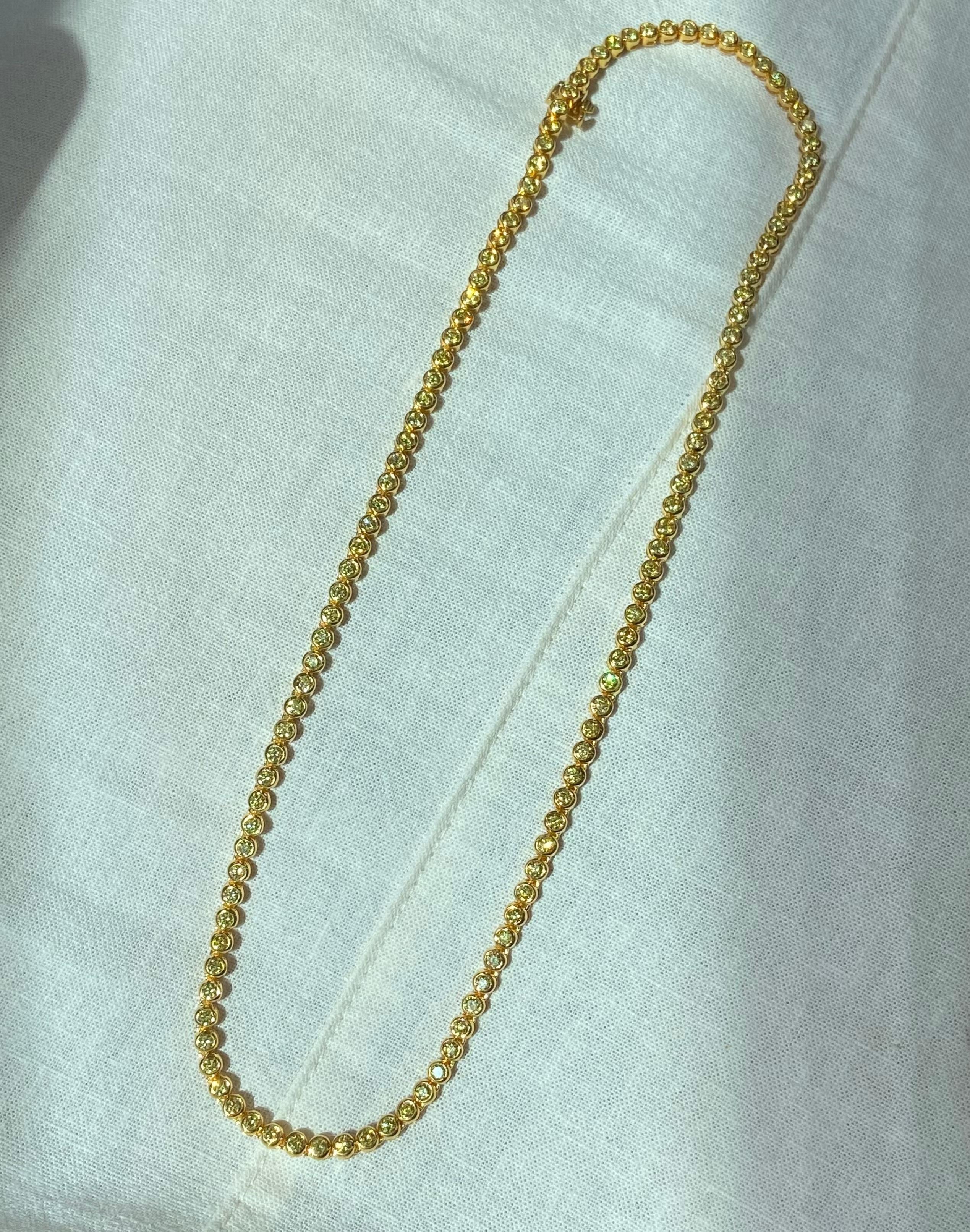 Intense Yellow Round Diamond Bezel Set Necklace In New Condition For Sale In New York, NY