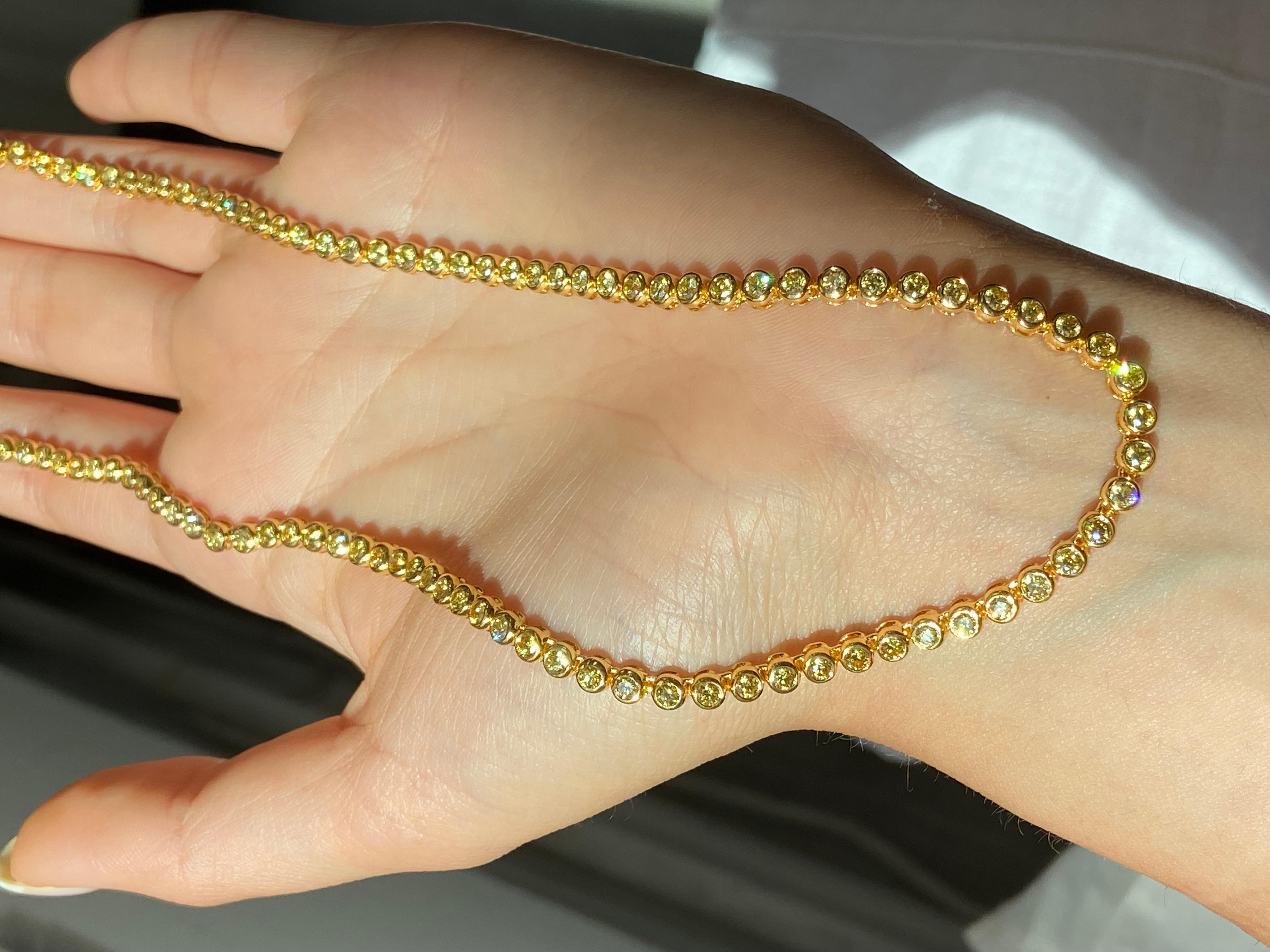 Intense Yellow Round Diamond Bezel Set Necklace For Sale 2