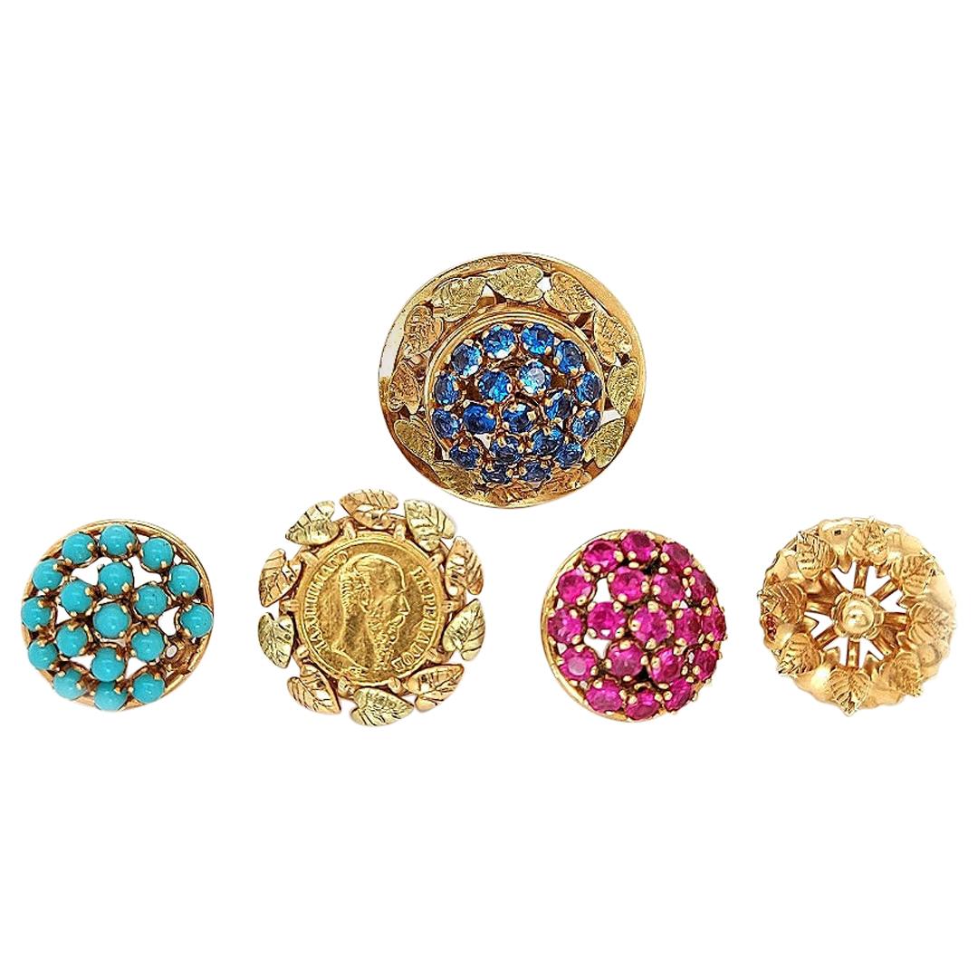 Interchangeable 18kt Yellow Gold Ring With 5 Screw on Pieces, Ruby, Coin, Sapph For Sale