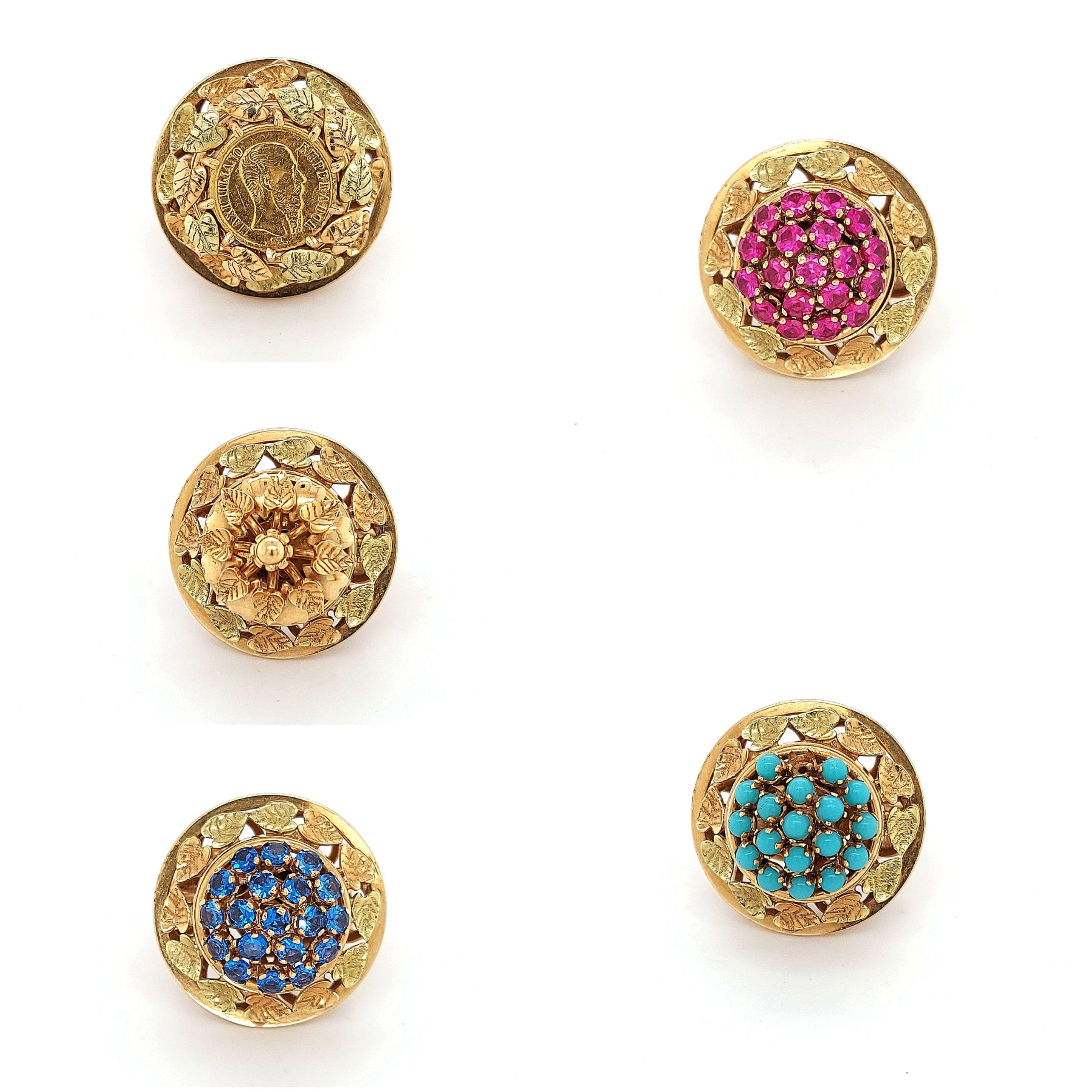 Amazing Interchangeable Yellow Gold Ring With 5 Screw on Pieces, the easiest way to change the look of your ring.

Piece 1: Sapphire: 19 Sapphires
Piece 2: Ruby: 19 rubys
Piece 3: Turquoise: 18 little turquoise stones, one stone is missing.
Piece 4: