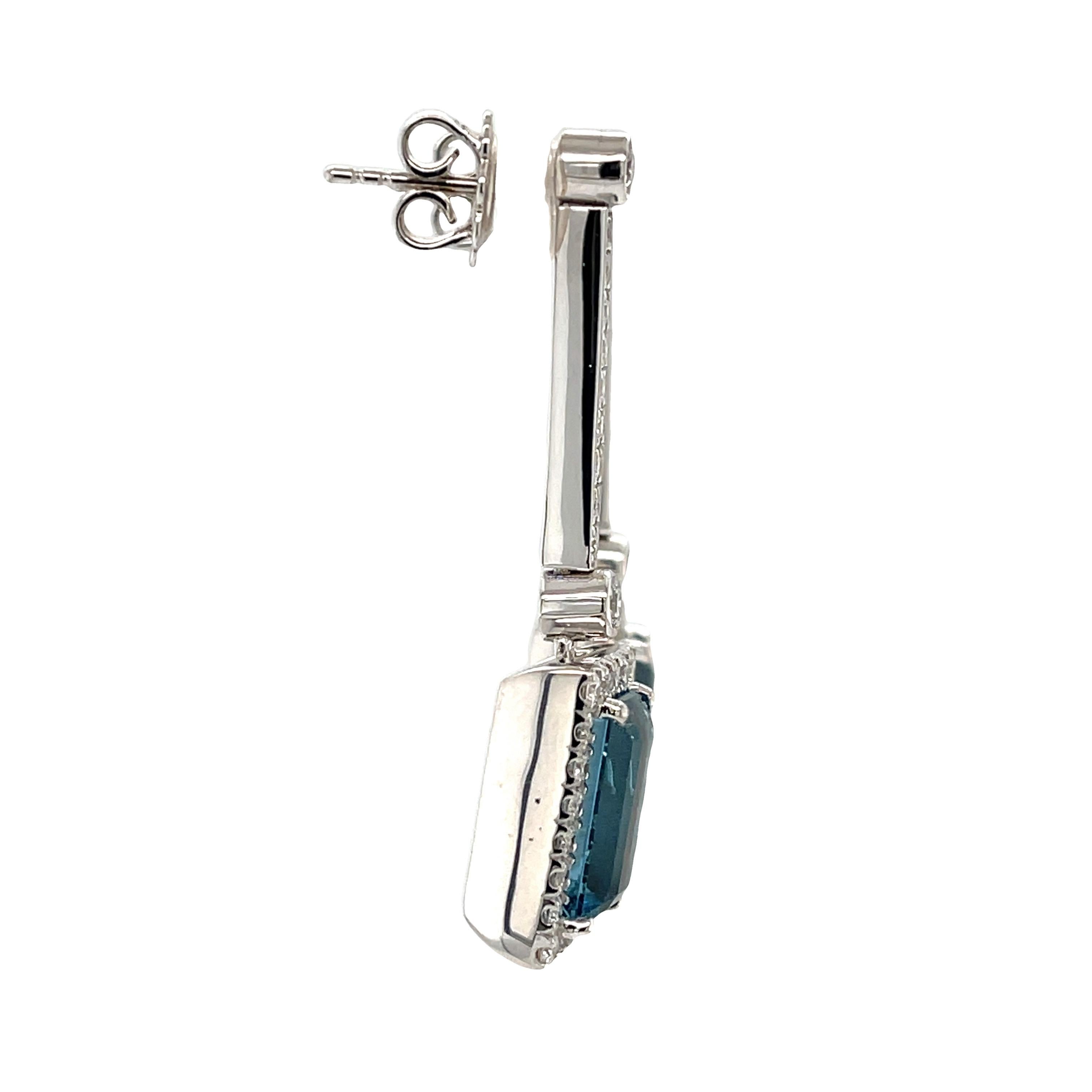 Emerald Cut Interchangeable Aquamarine Drop Earrings with Diamond Line Tops in White Gold For Sale