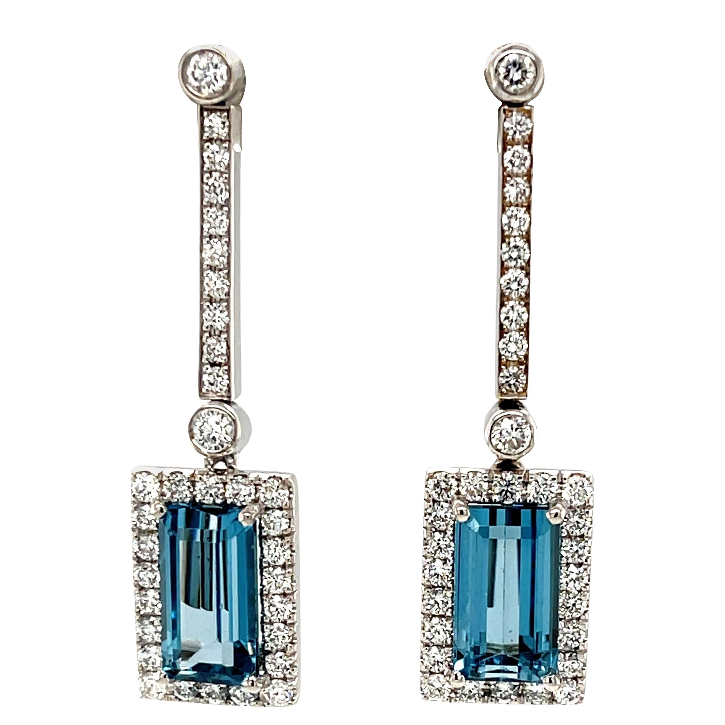 Interchangeable Aquamarine Drop Earrings with Diamond Line Tops in White Gold