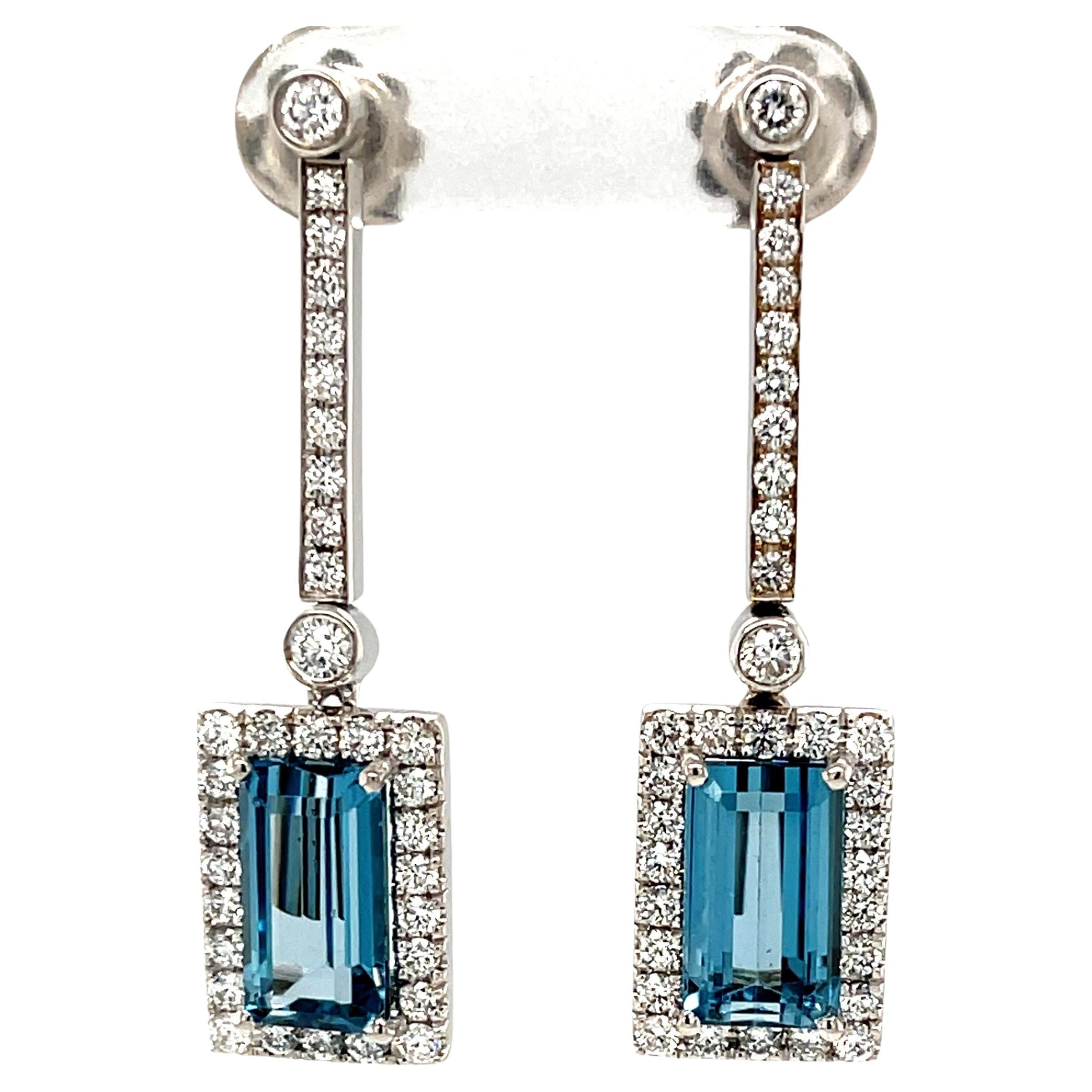 Interchangeable Aquamarine Drop Earrings with Diamond Line Tops in White Gold For Sale