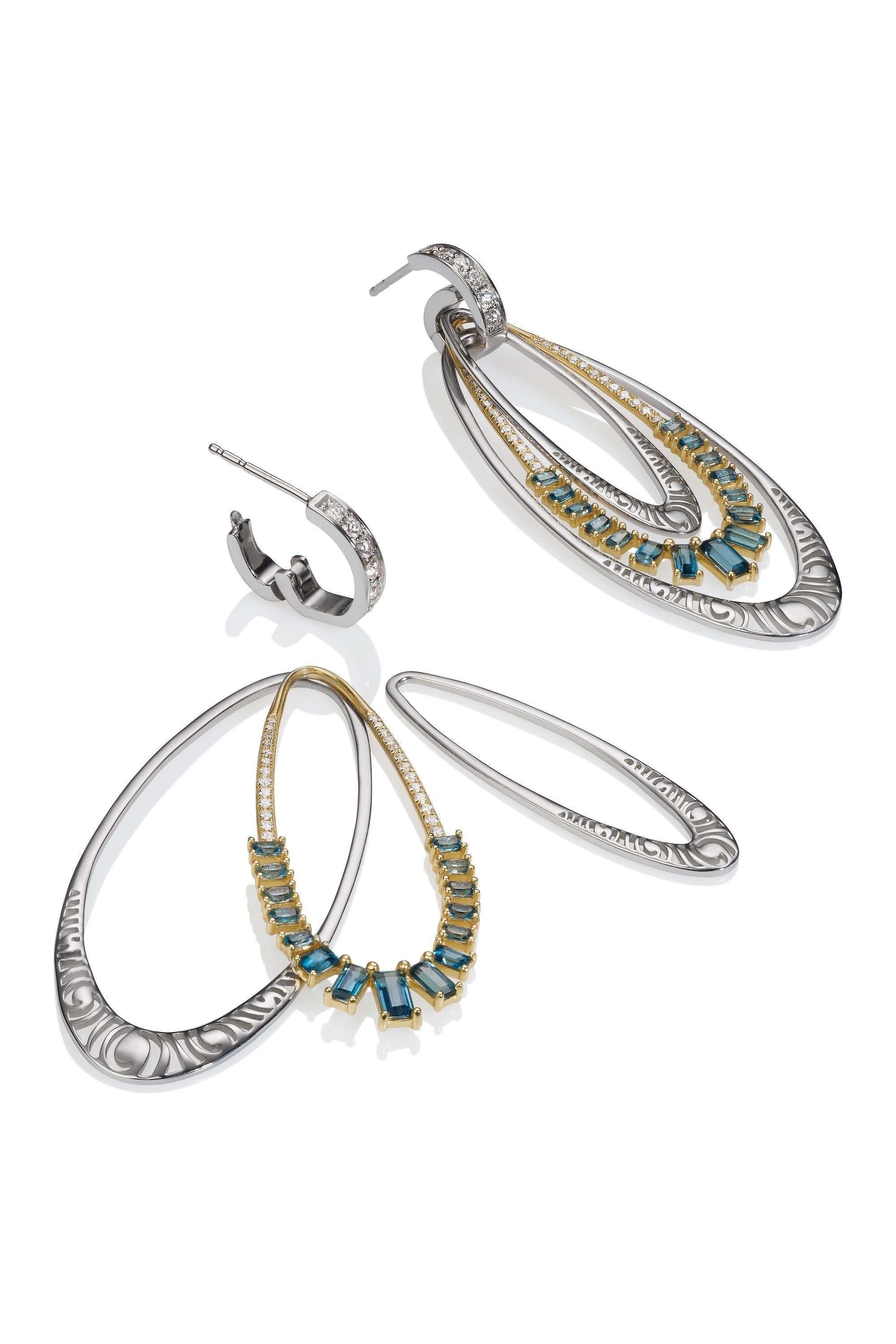 Contemporain Boucles d'oreilles interchangeables en or avec diamants et baguettes de topaze bleue de Londres en vente