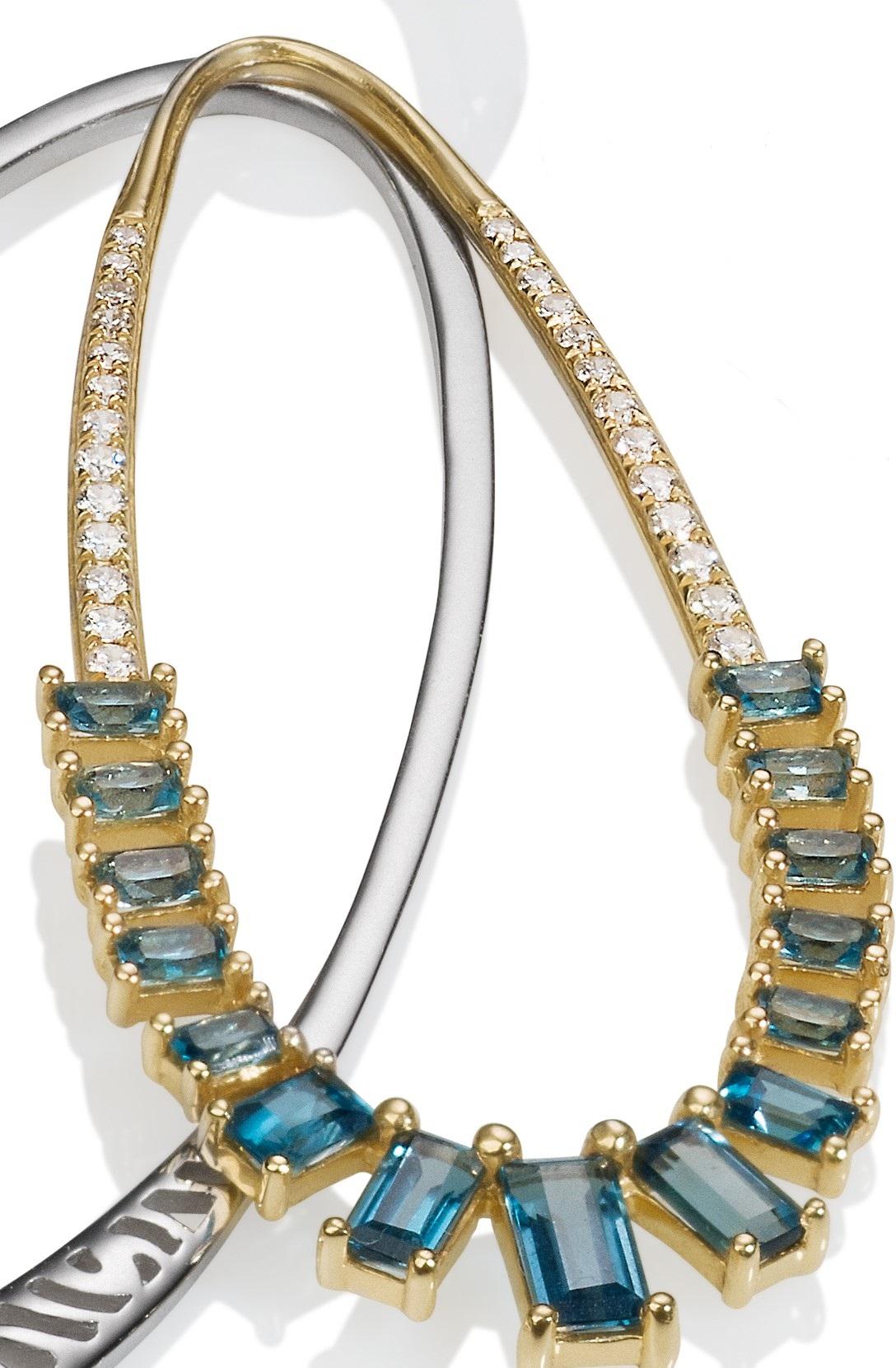 Taille baguette Boucles d'oreilles interchangeables en or avec diamants et baguettes de topaze bleue de Londres en vente