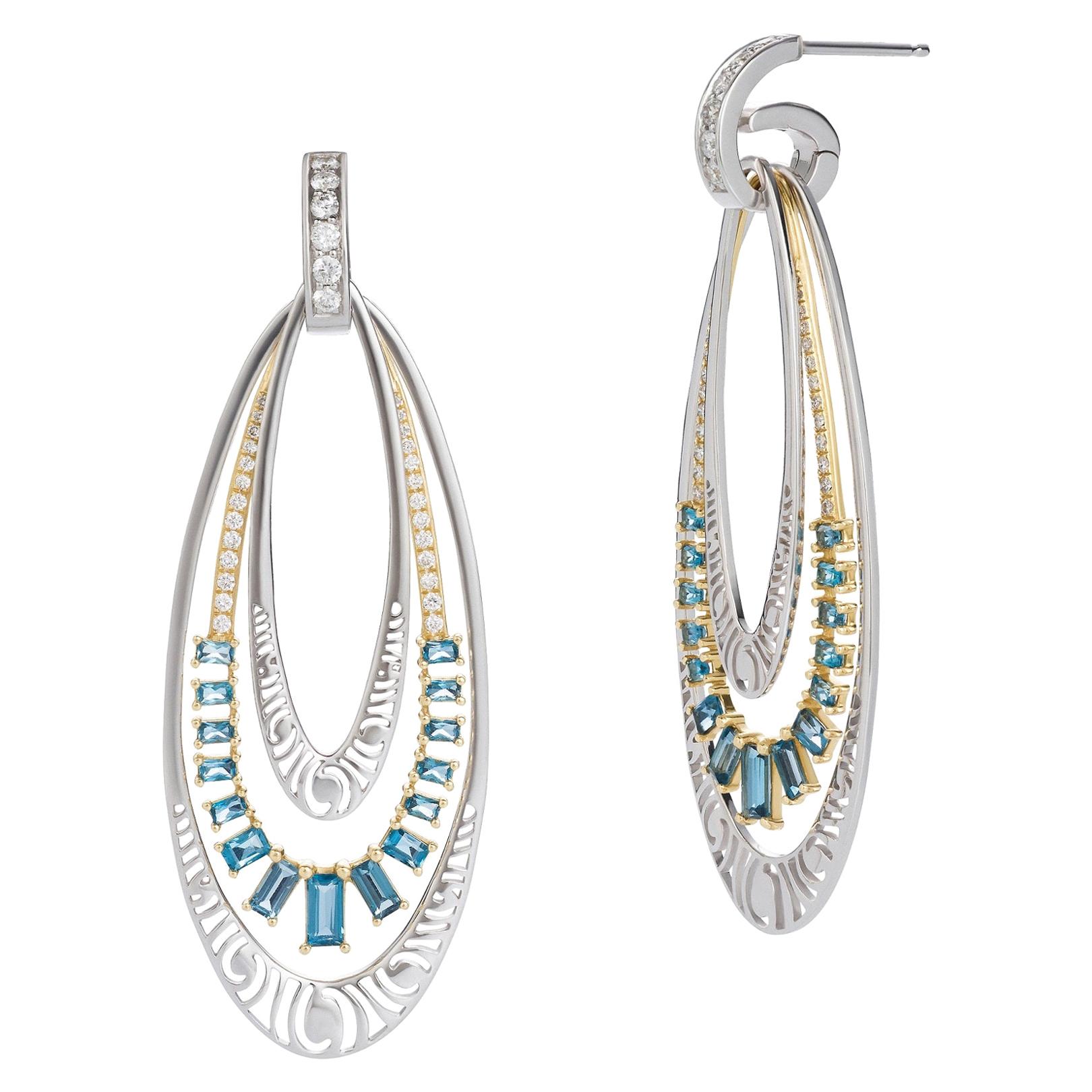 Interchangeable Earrings in Gold with Diamonds and London Blue Topaz Baguettes