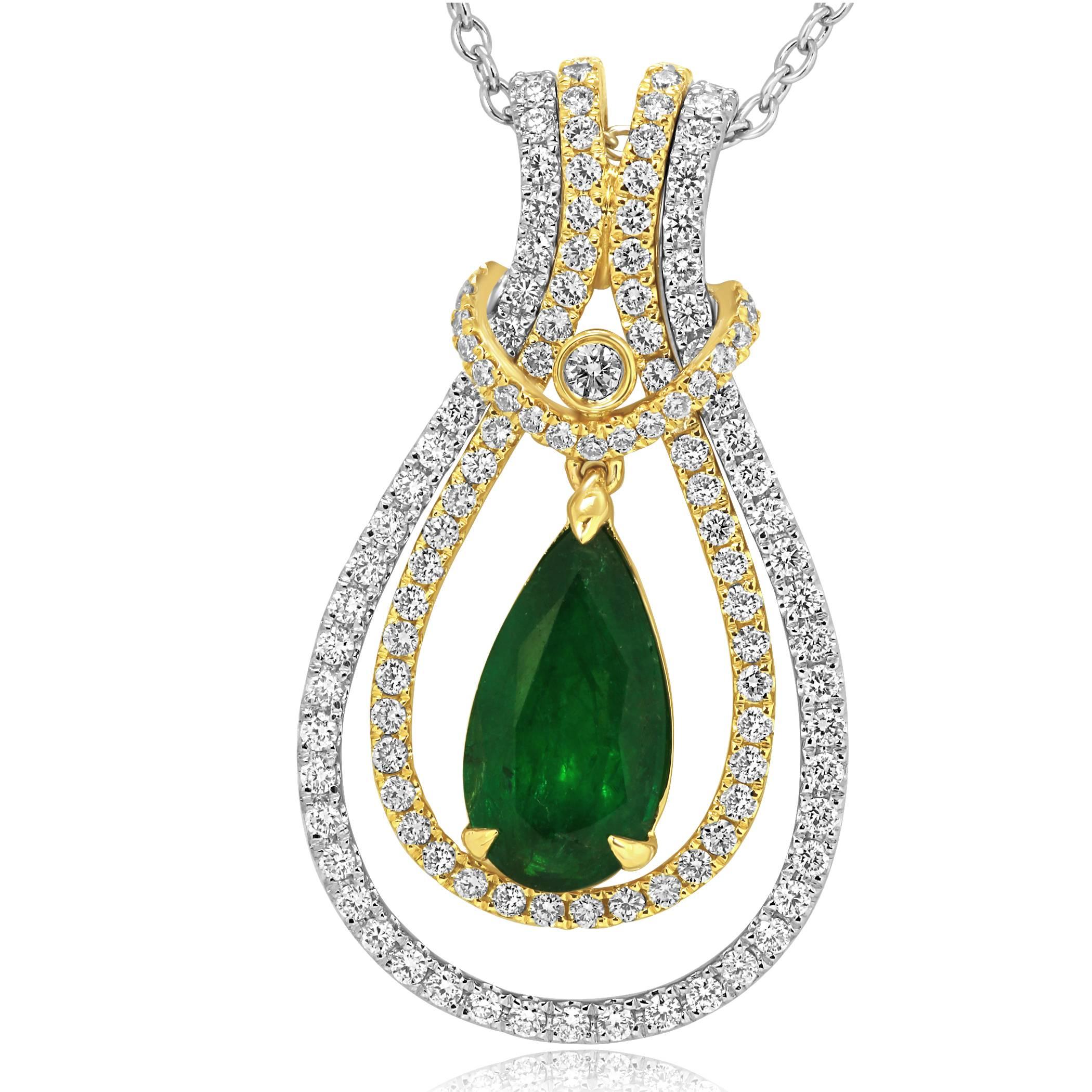 1 Emerald Pearshape 2.56 Carat White Diamond Round 1.21 Carat Interchangeable Pendent can be worn three ways as three pendents in 14K White and yellow Gold comes with 14K  Gold chain. 

Total stone weight  3.77 carat