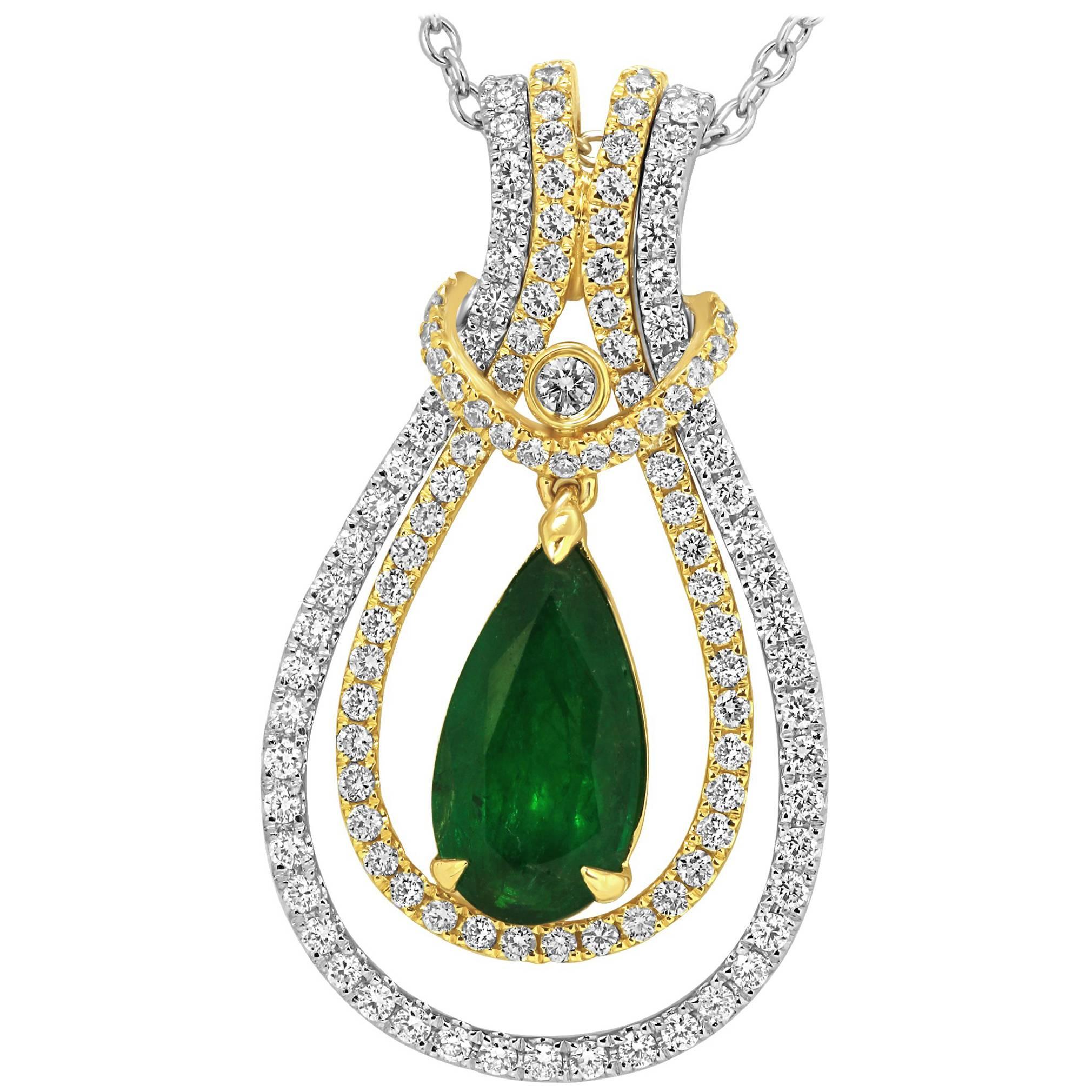 Interchangeable Emerald Diamond Two-Color Gold Drop Necklace