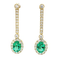 Interchangeable Emerald Drop Earrings with Diamond Line Tops in 18k Yellow Gold