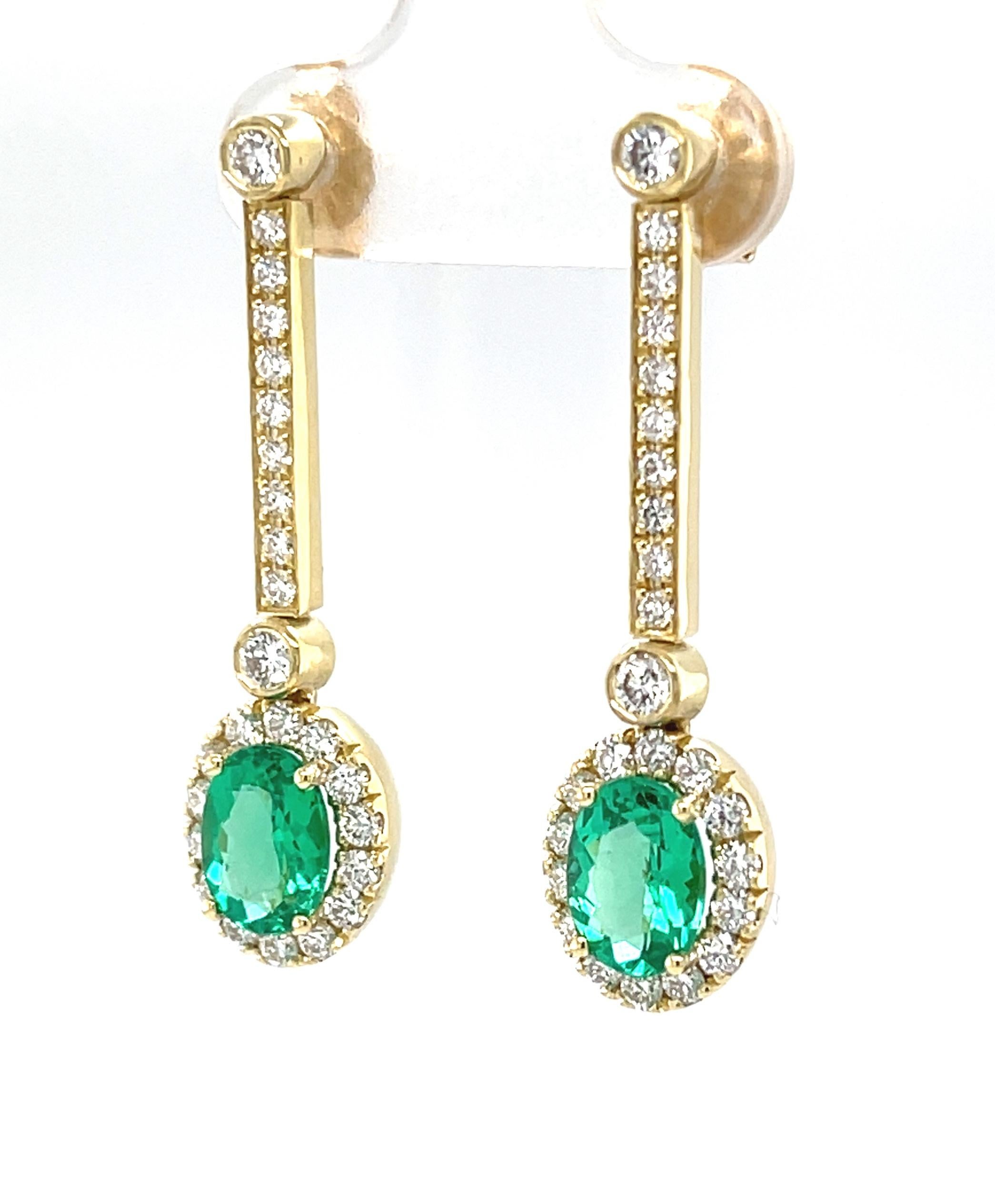 Artisan Interchangeable Emerald Drop Earrings with Diamond Line Tops in 18k Yellow Gold For Sale