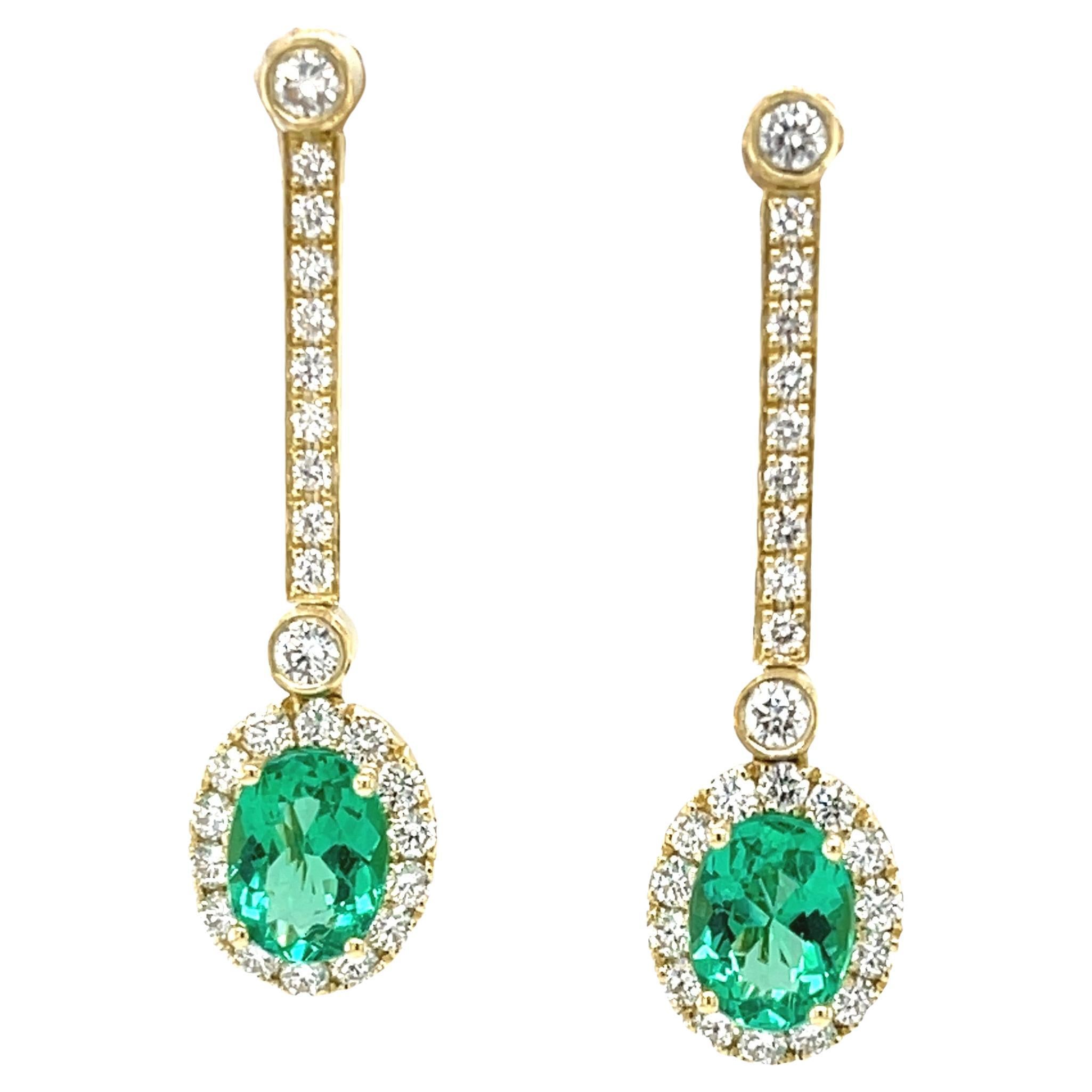 Interchangeable Emerald Drop Earrings with Diamond Line Tops in 18k Yellow Gold For Sale