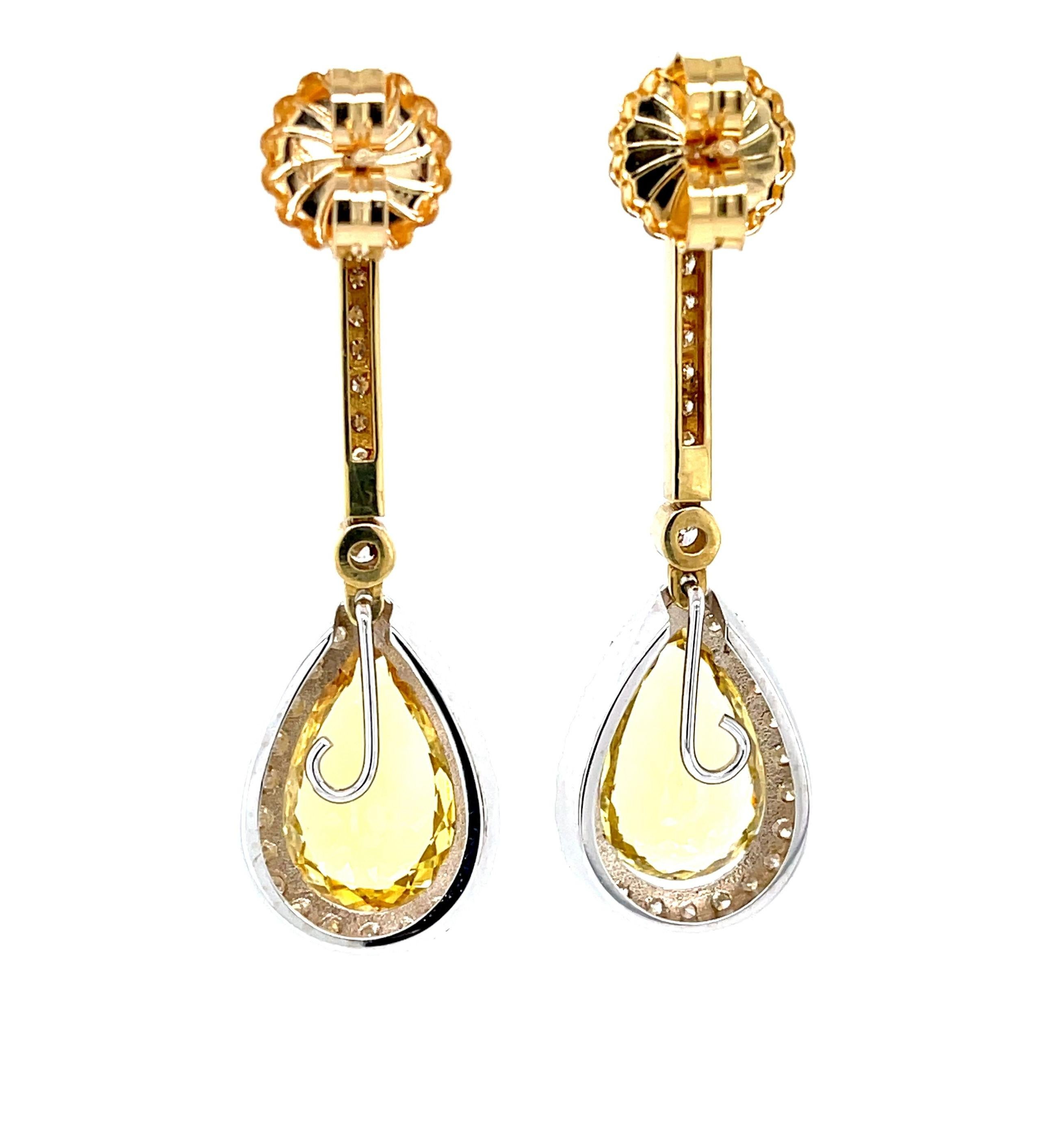 Taille poire Boucles d'oreilles interchangeables en or 18 carats, béryl doré et diamant, 9,12 carats au total en vente