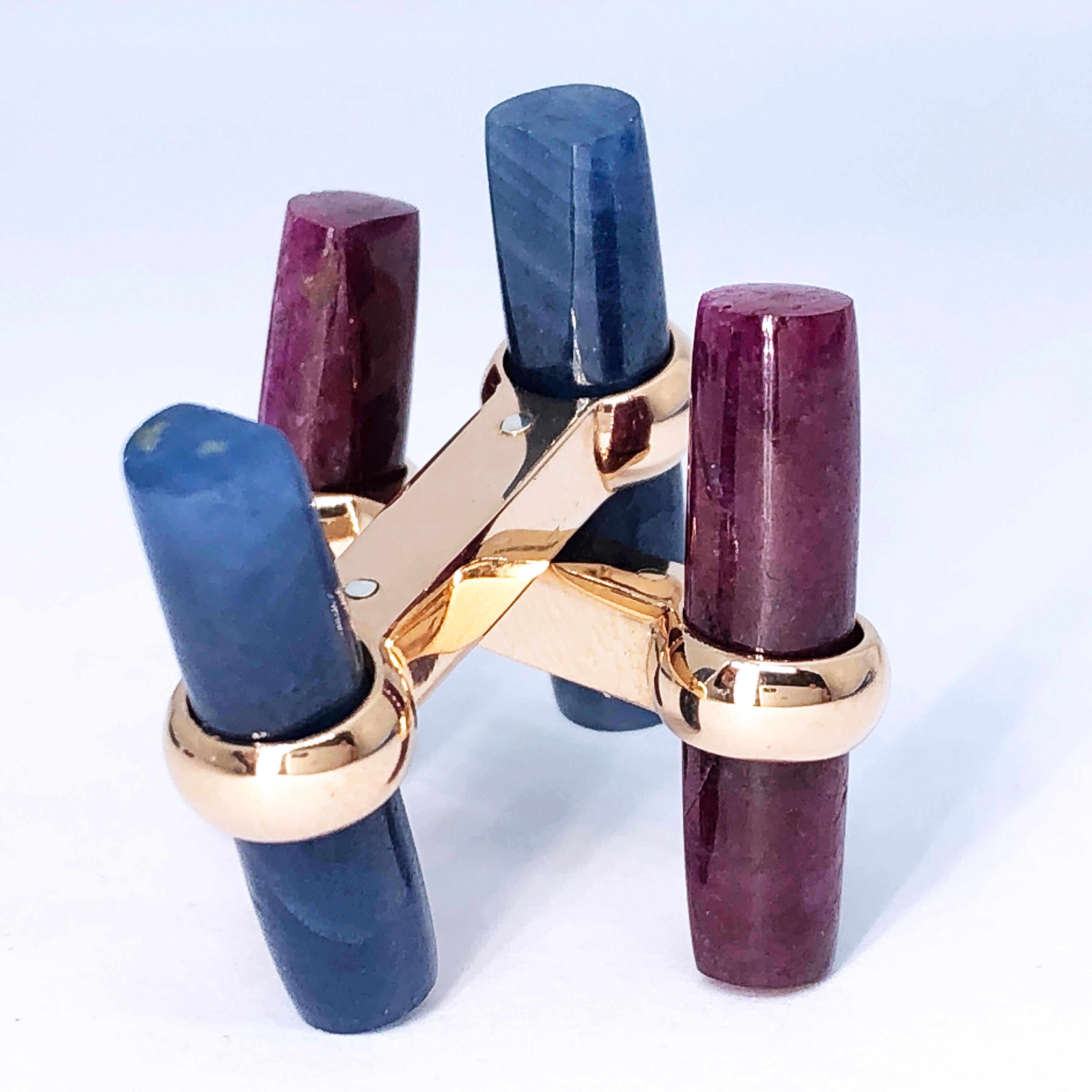 Interchangeable Natural Sapphire Ruby Jade Opal Baton Set 18k Gold Cufflinks 6