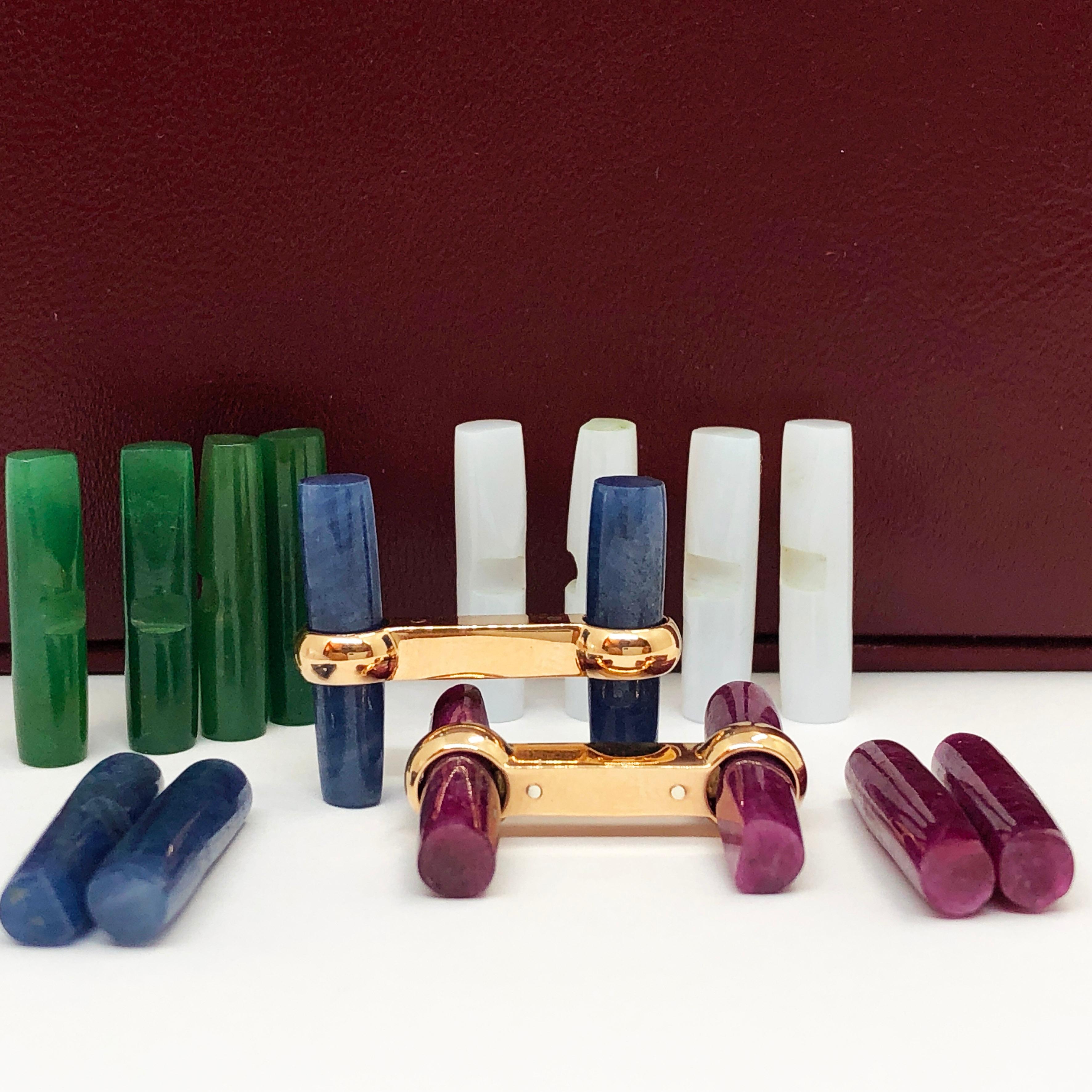 Interchangeable Natural Sapphire Ruby Jade Opal Baton Set 18k Gold Cufflinks 12