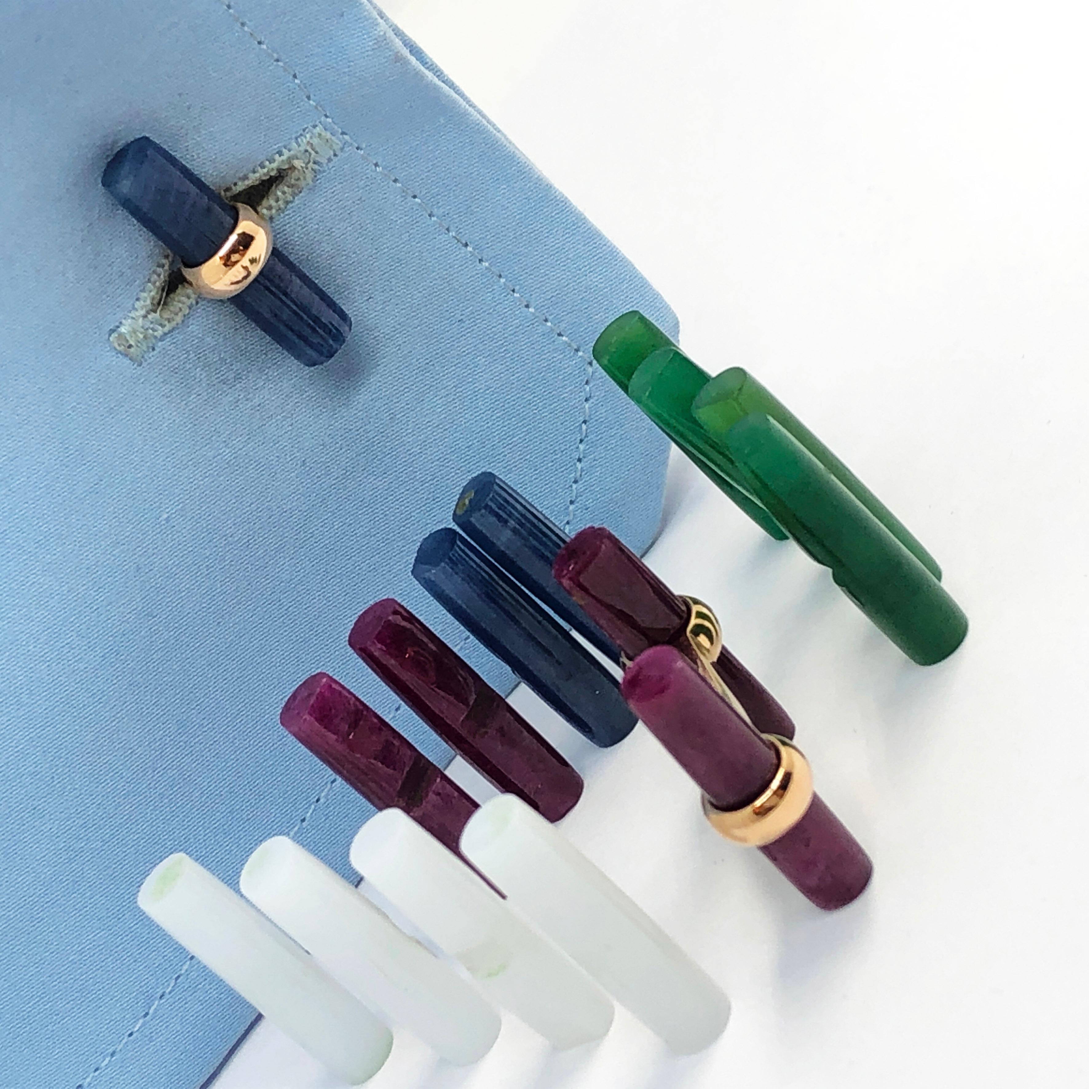 Contemporary Interchangeable Natural Sapphire Ruby Jade Opal Baton Set 18k Gold Cufflinks