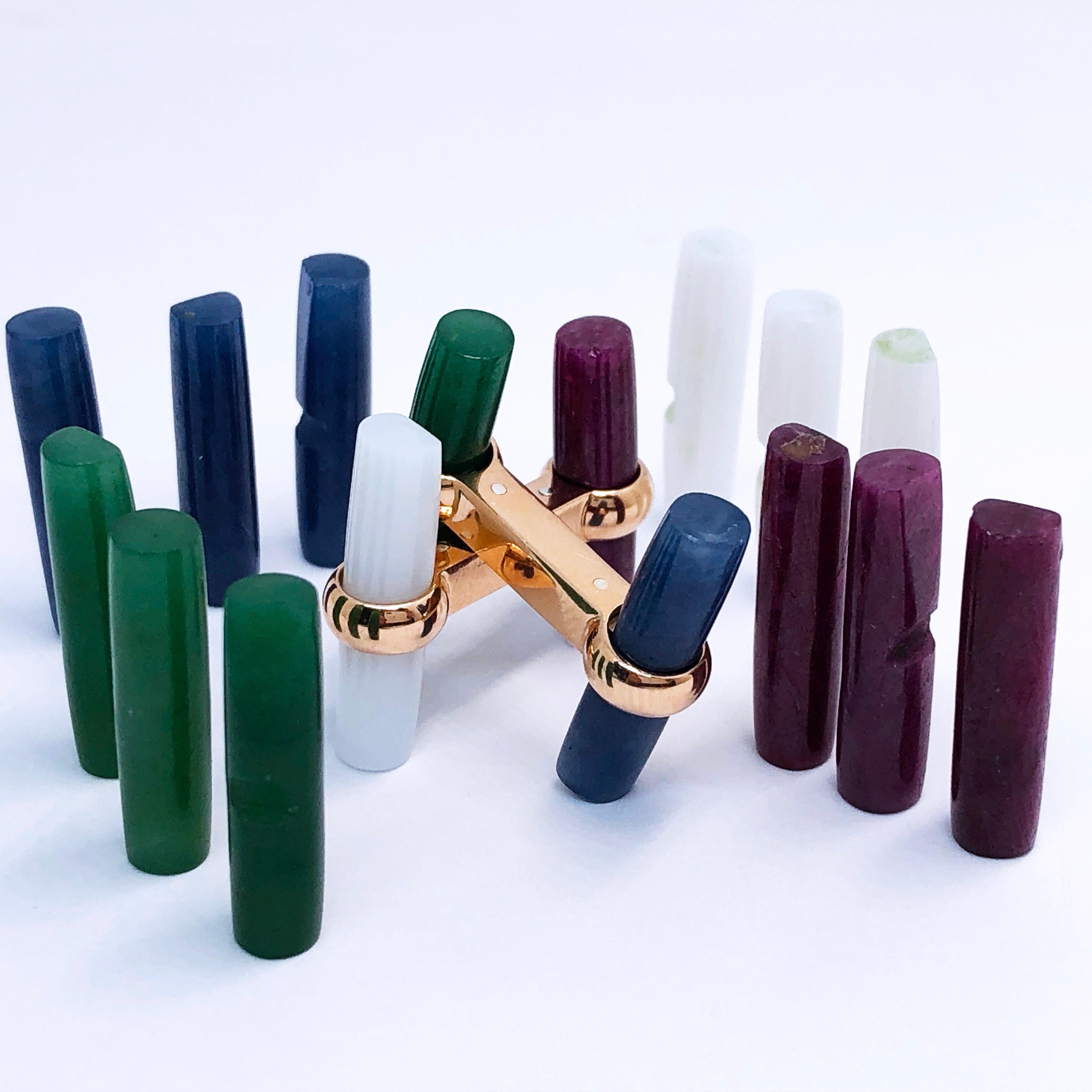 Interchangeable Natural Sapphire Ruby Jade Opal Baton Set 18k Gold Cufflinks 1