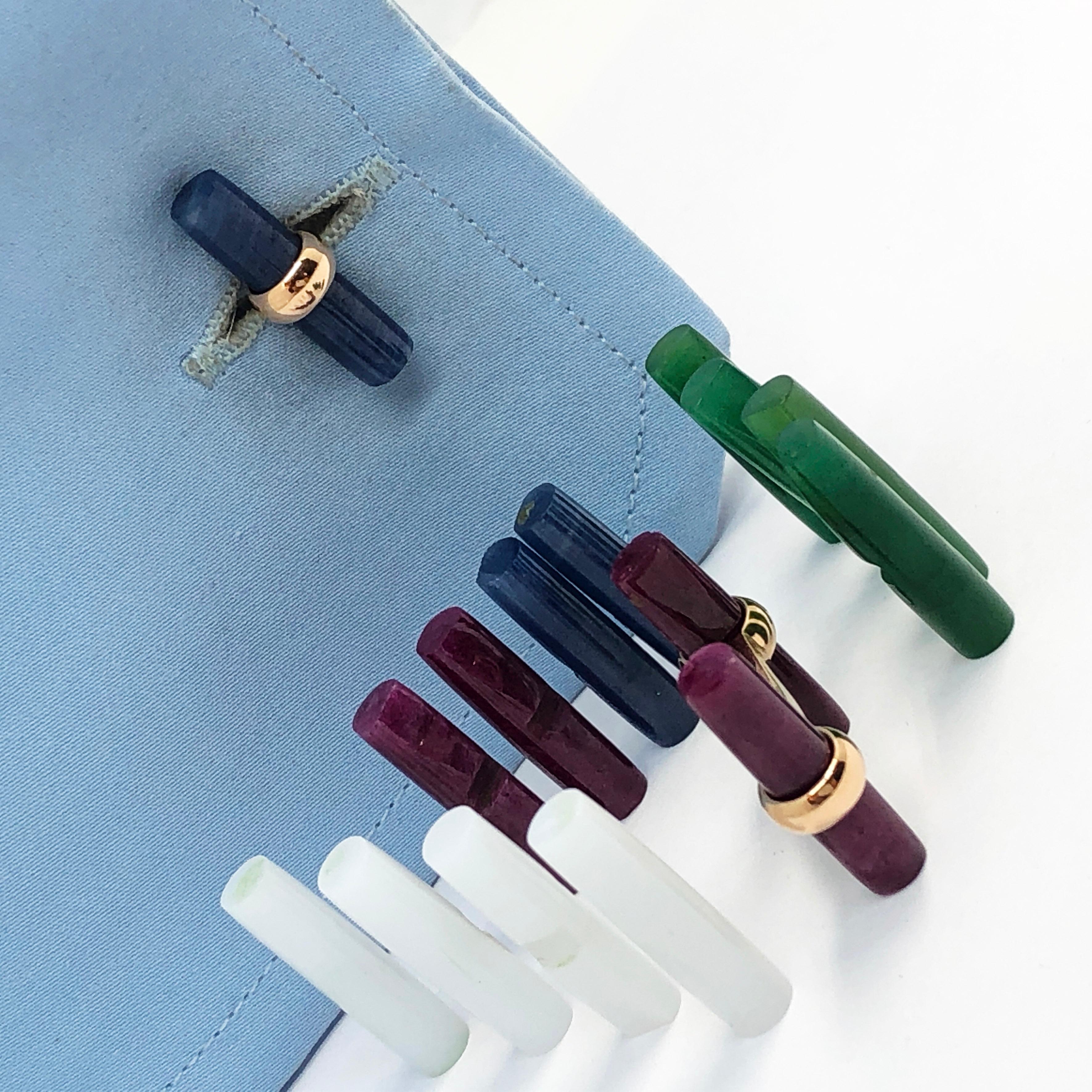Interchangeable Natural Sapphire Ruby Jade Opal Baton Set 18k Gold Cufflinks 2