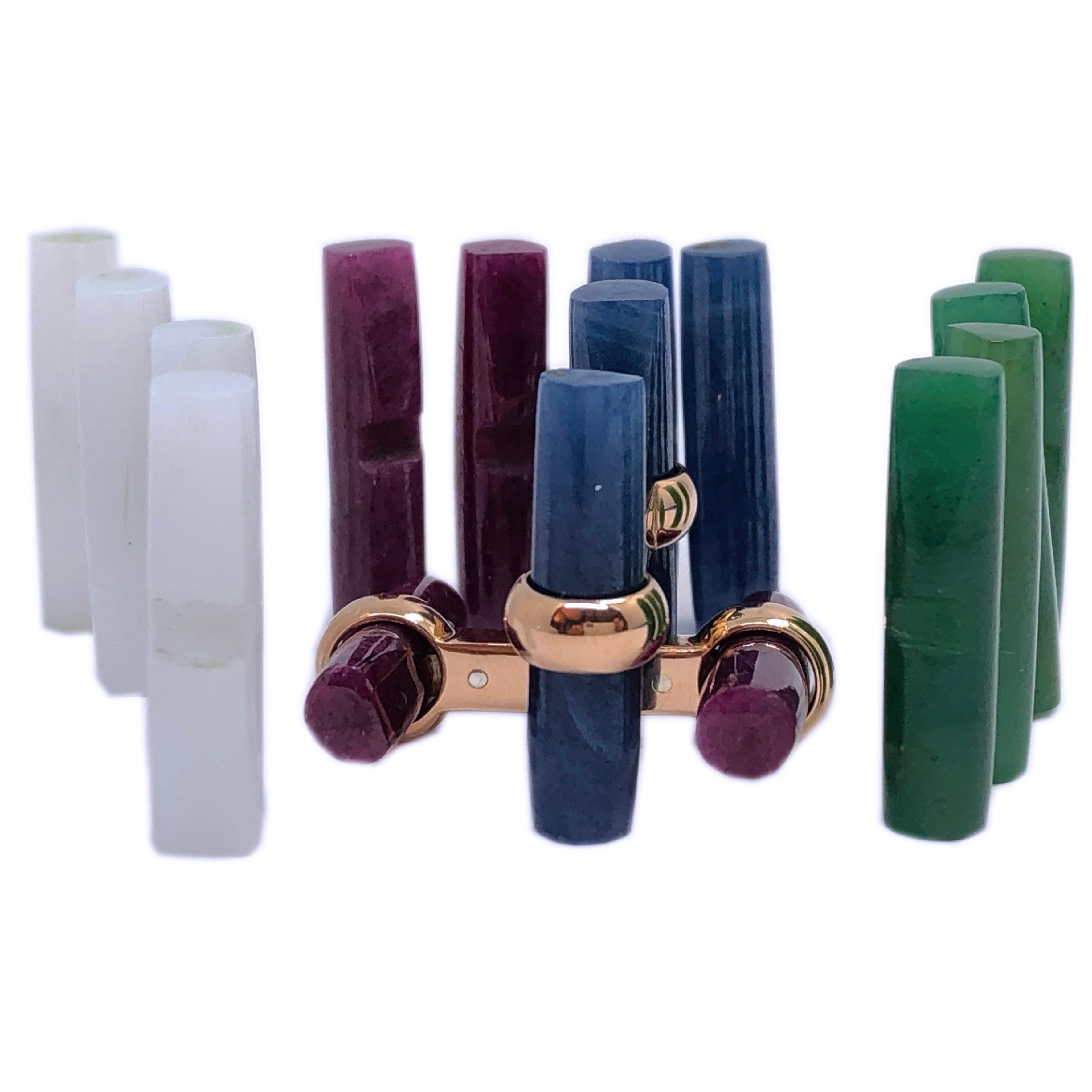 Interchangeable Natural Sapphire Ruby Jade Opal Baton Set 18k Gold Cufflinks 4