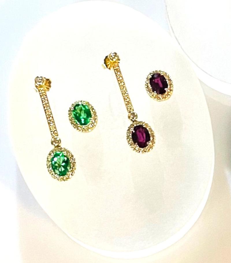 Artisan Interchangeable Ruby Drop Earrings with Diamond Line Tops in 18k Yellow Gold For Sale