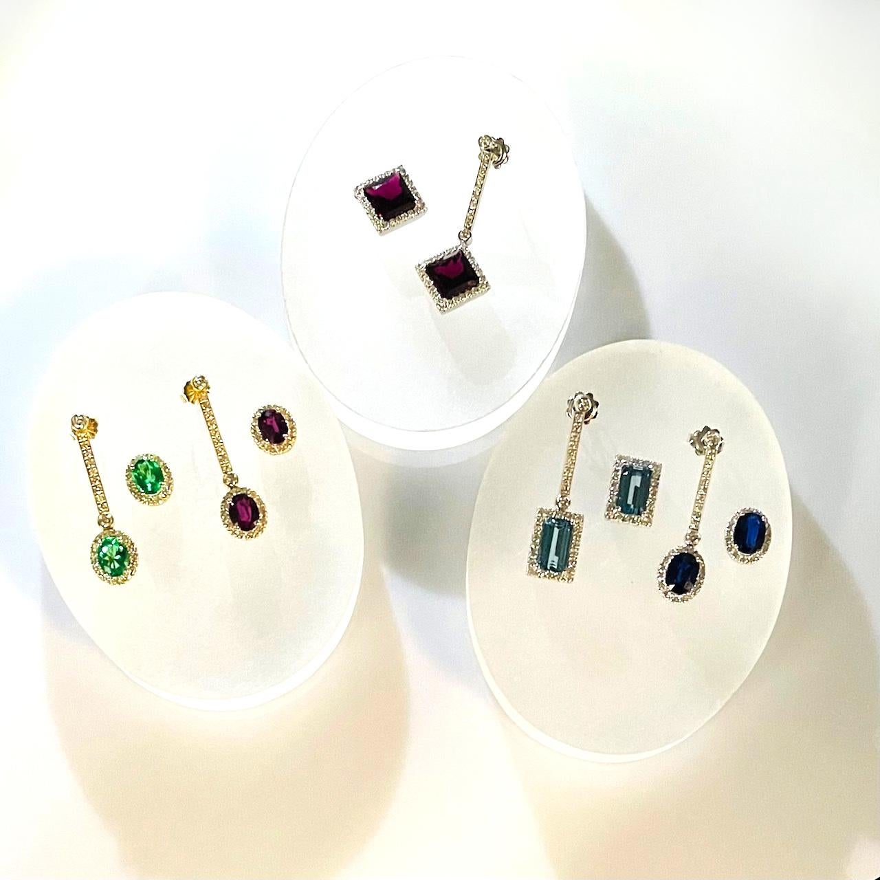 Oval Cut Interchangeable Ruby Drop Earrings with Diamond Line Tops in 18k Yellow Gold For Sale