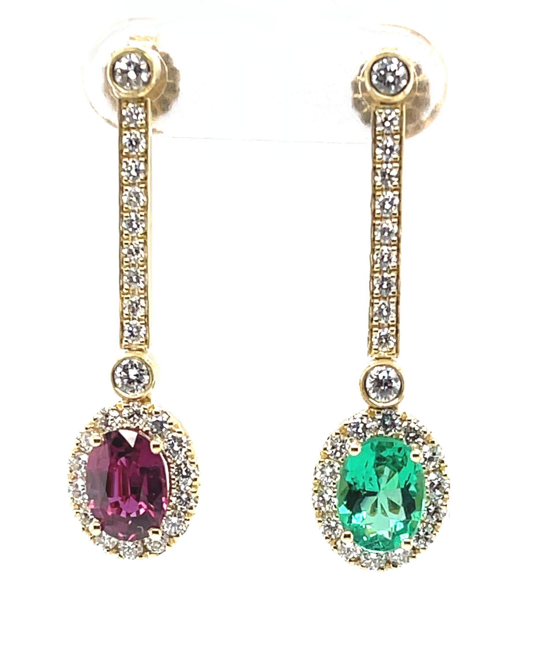 austauschbare Rubin-Tropfen-Ohrringe mit Diamant-Linienplatten aus 18 Karat Gelbgold im Angebot 2