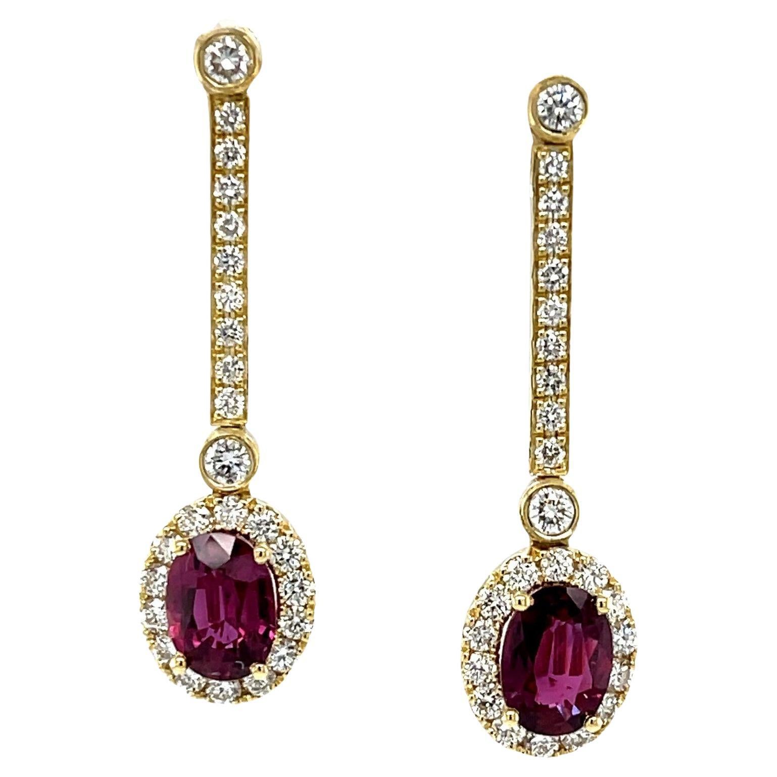 Interchangeable Ruby Drop Earrings with Diamond Line Tops in 18k Yellow Gold For Sale