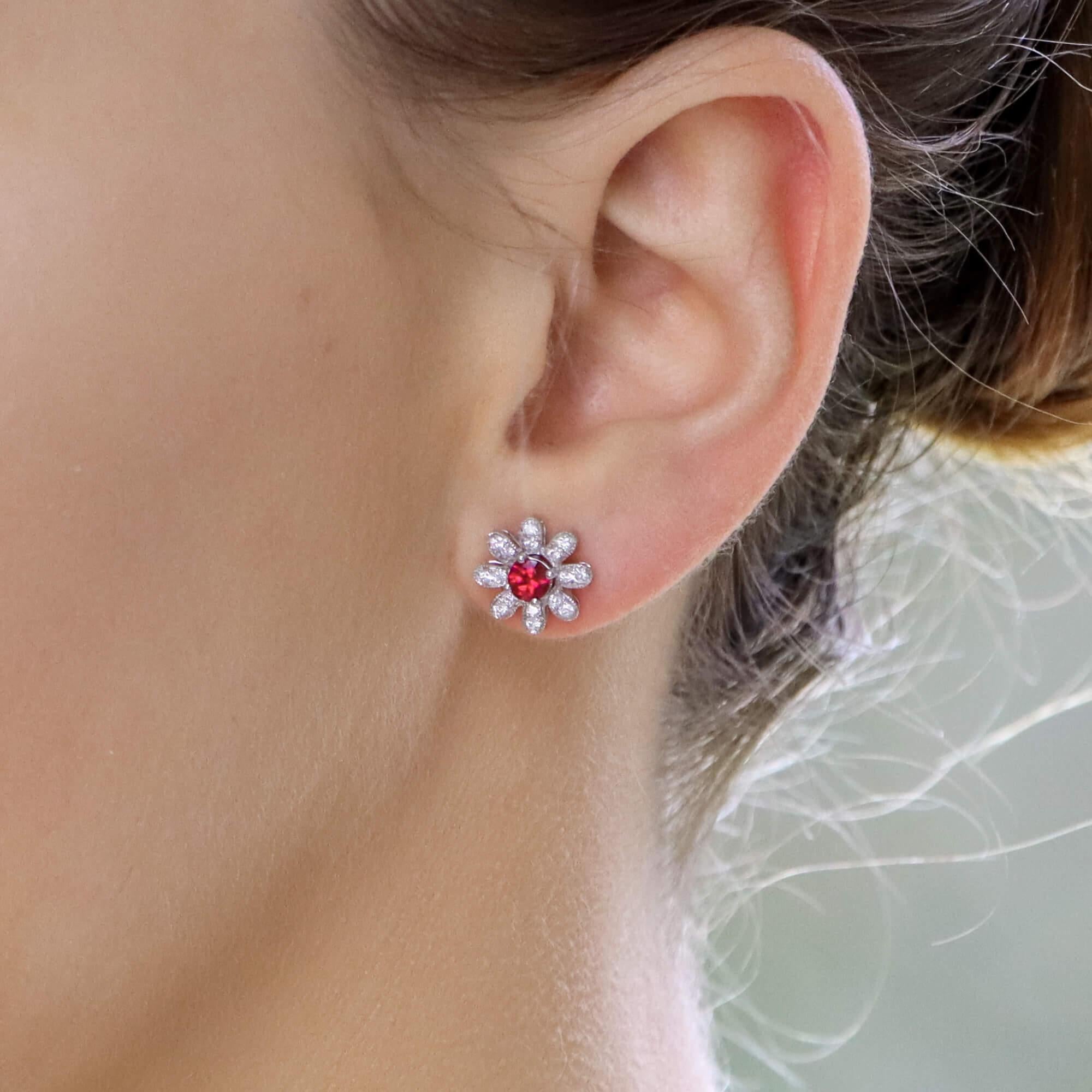 Modern Interchangeable Ruby, Sapphire, Diamond and Pearl Stud Floral Earrings in Gold For Sale