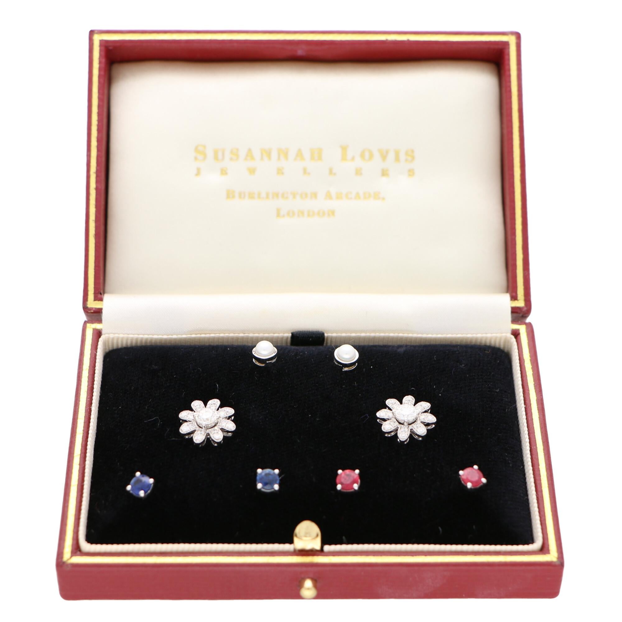 Interchangeable Ruby, Sapphire, Diamond and Pearl Stud Floral Earrings in Gold For Sale 4