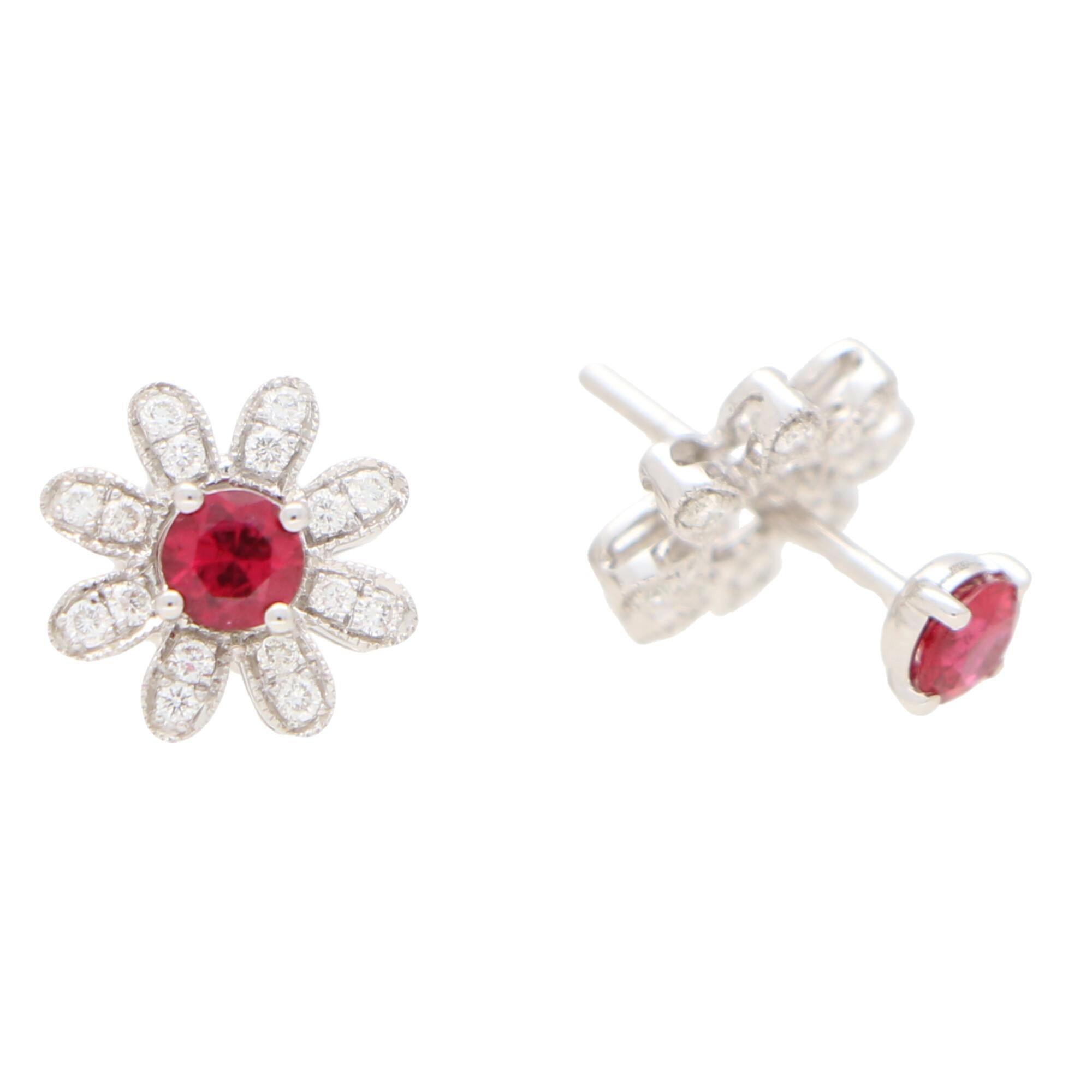 Modern Interchangeable Ruby, Sapphire, Diamond and Pearl Stud Floral Earrings in Gold