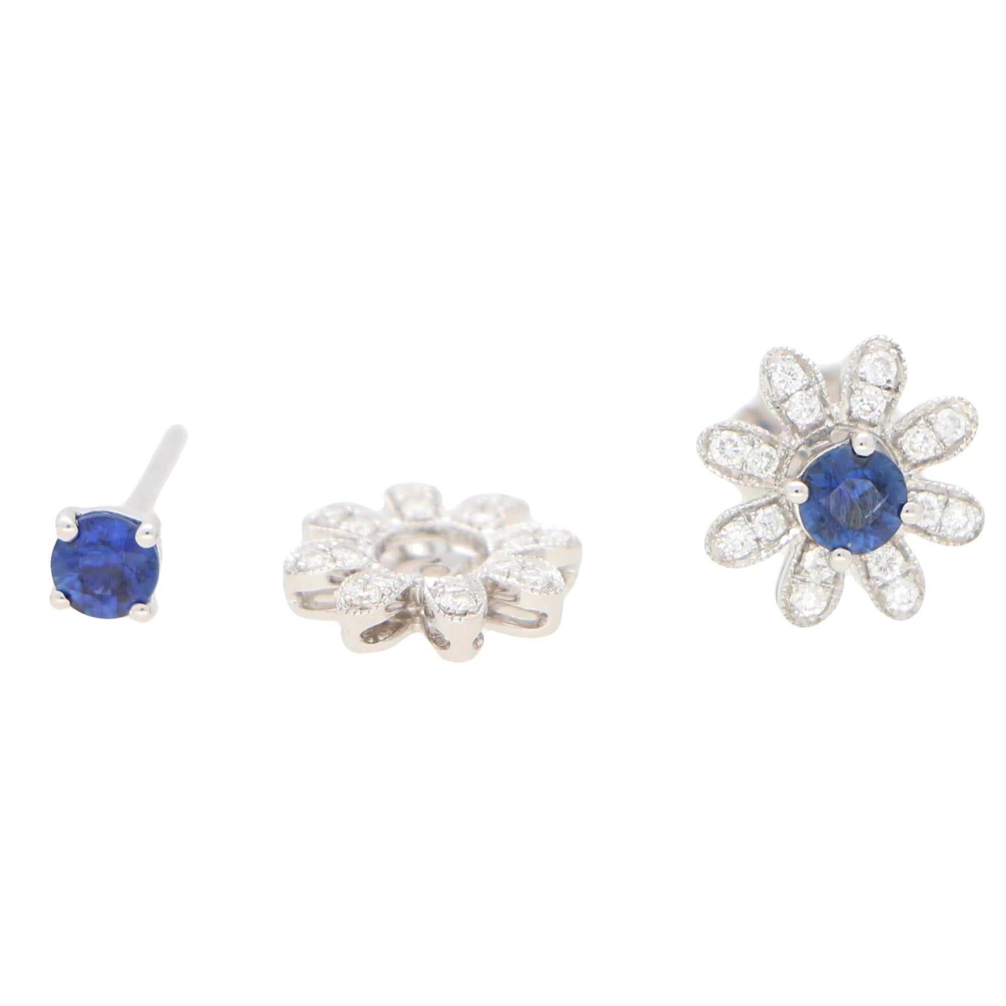 Round Cut Interchangeable Ruby, Sapphire, Diamond and Pearl Stud Floral Earrings in Gold