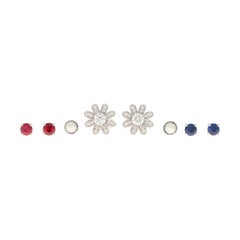 Interchangeable Ruby, Sapphire, Diamond and Pearl Stud Floral Earrings in Gold