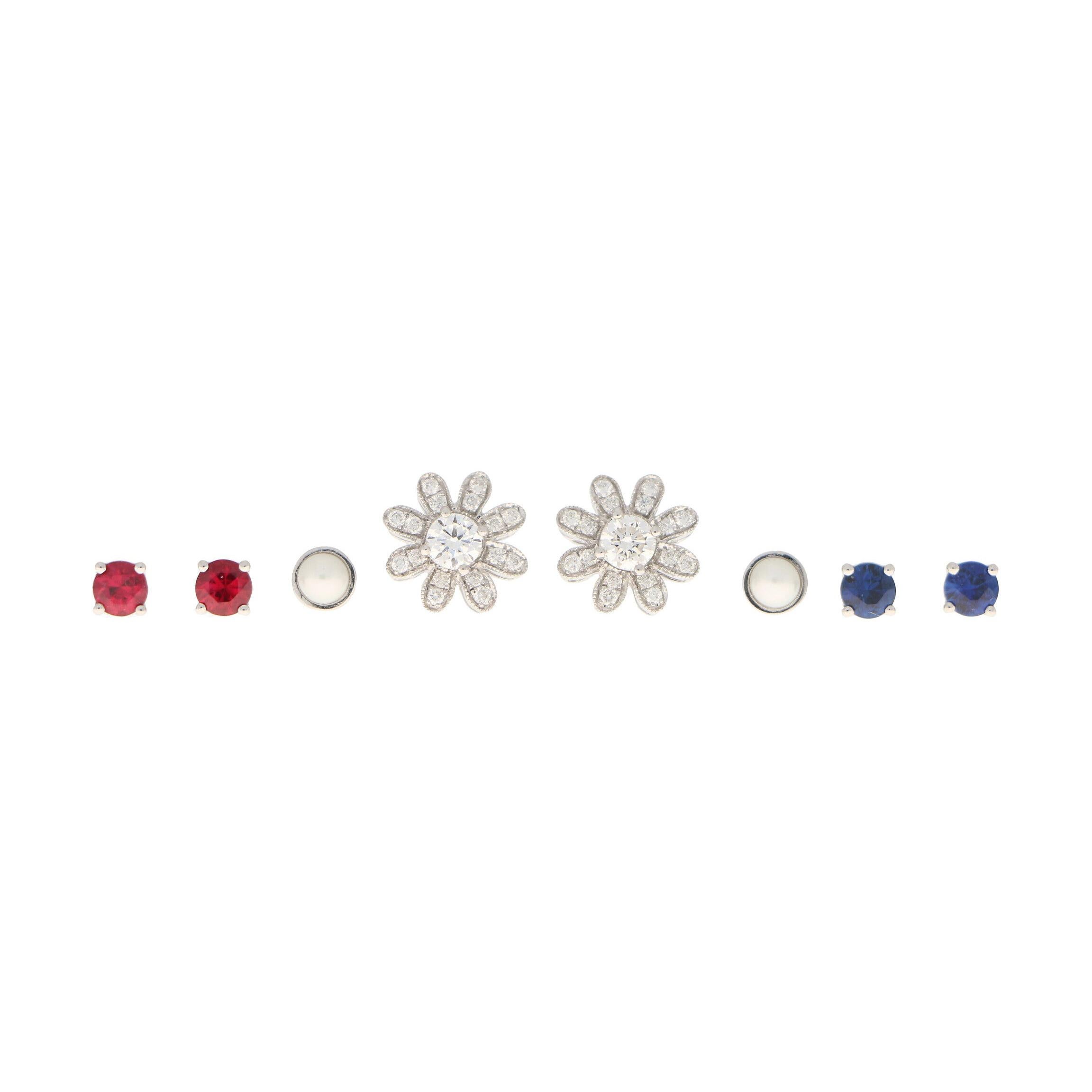 Interchangeable Ruby, Sapphire, Diamond and Pearl Stud Floral Earrings in Gold For Sale